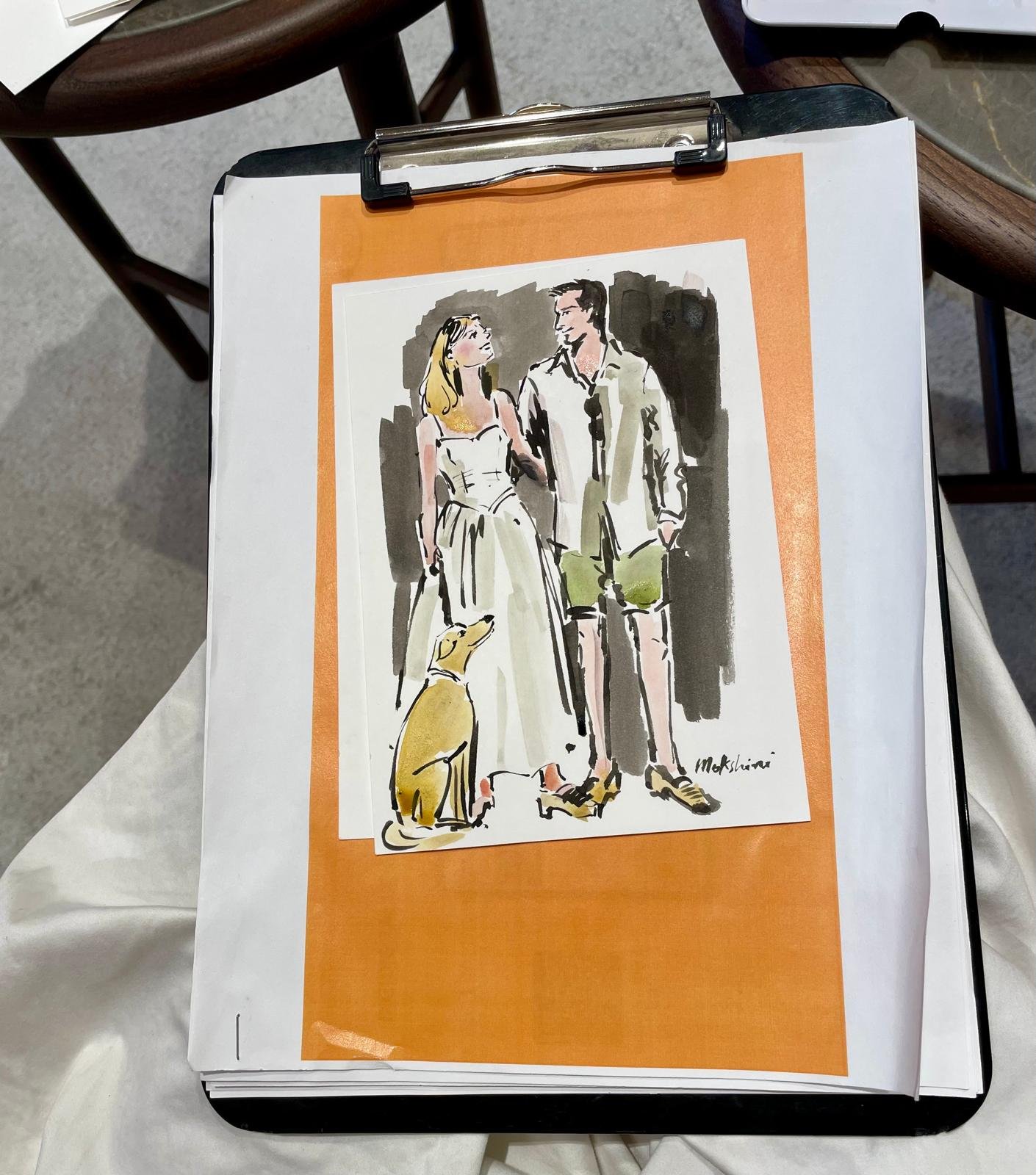 A sketch of a couple and their dog