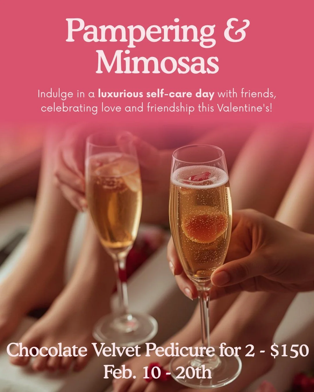 Chocolate Velvet Pedicure &ndash; Valentine&rsquo;s Edition

Sink into pure decadence with our limited-edition Chocolate Velvet Pedicure, designed to relax the body and indulge the senses.

Begin your experience with a complimentary mimosa in hand. 
