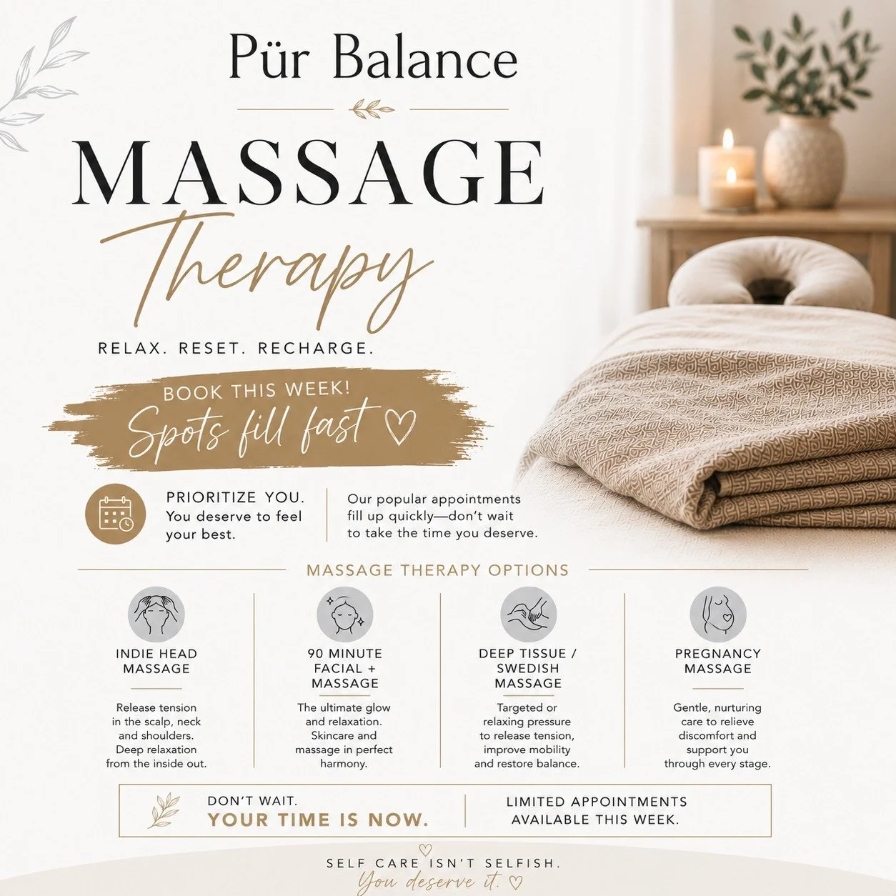 Your body has been carrying a lot lately&hellip; consider this your sign to slow down and reset. 

Appointments are filling quickly this week for:
&bull; Indie Head Massage
&bull; 90 Minute Facial + Massage
&bull; Deep Tissue / Swedish Massage
&bull;