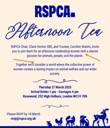 Beige background and blue text inviting people to an RSPCA afternoon tea event in London