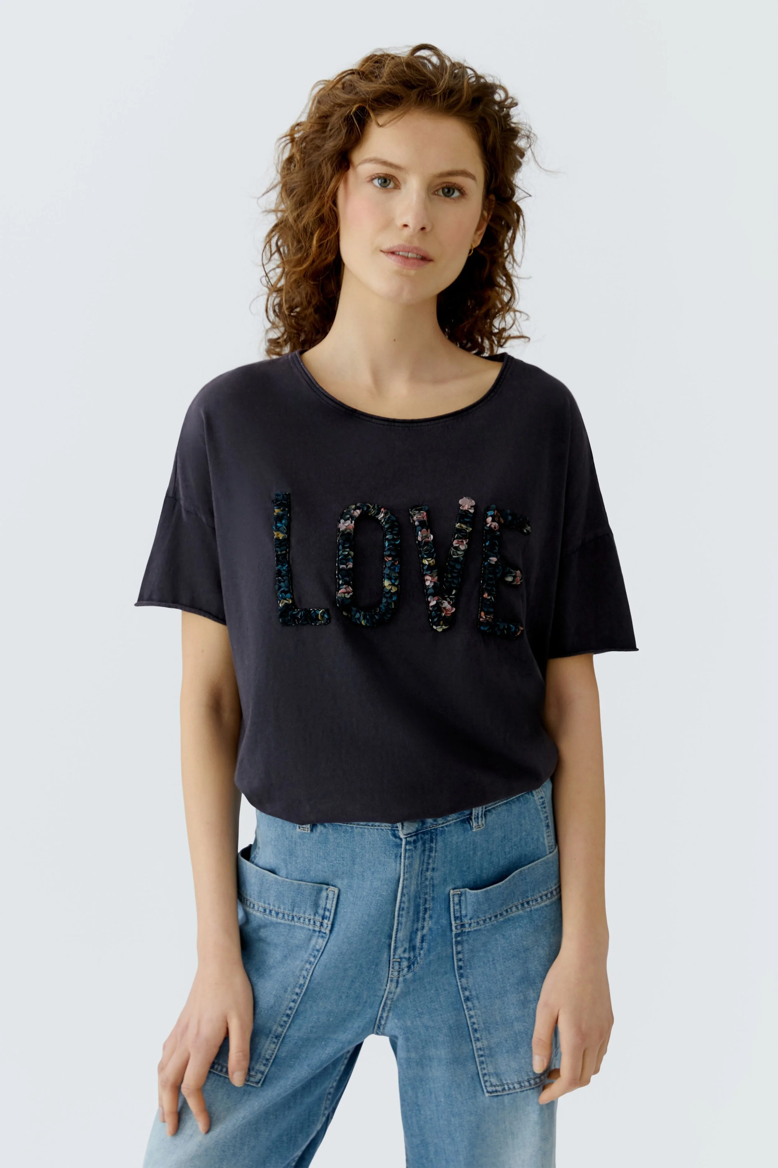 COMING SOON  Pure Cotton T Shirt In Washed Out Black with Flower LOVE Motif  96685