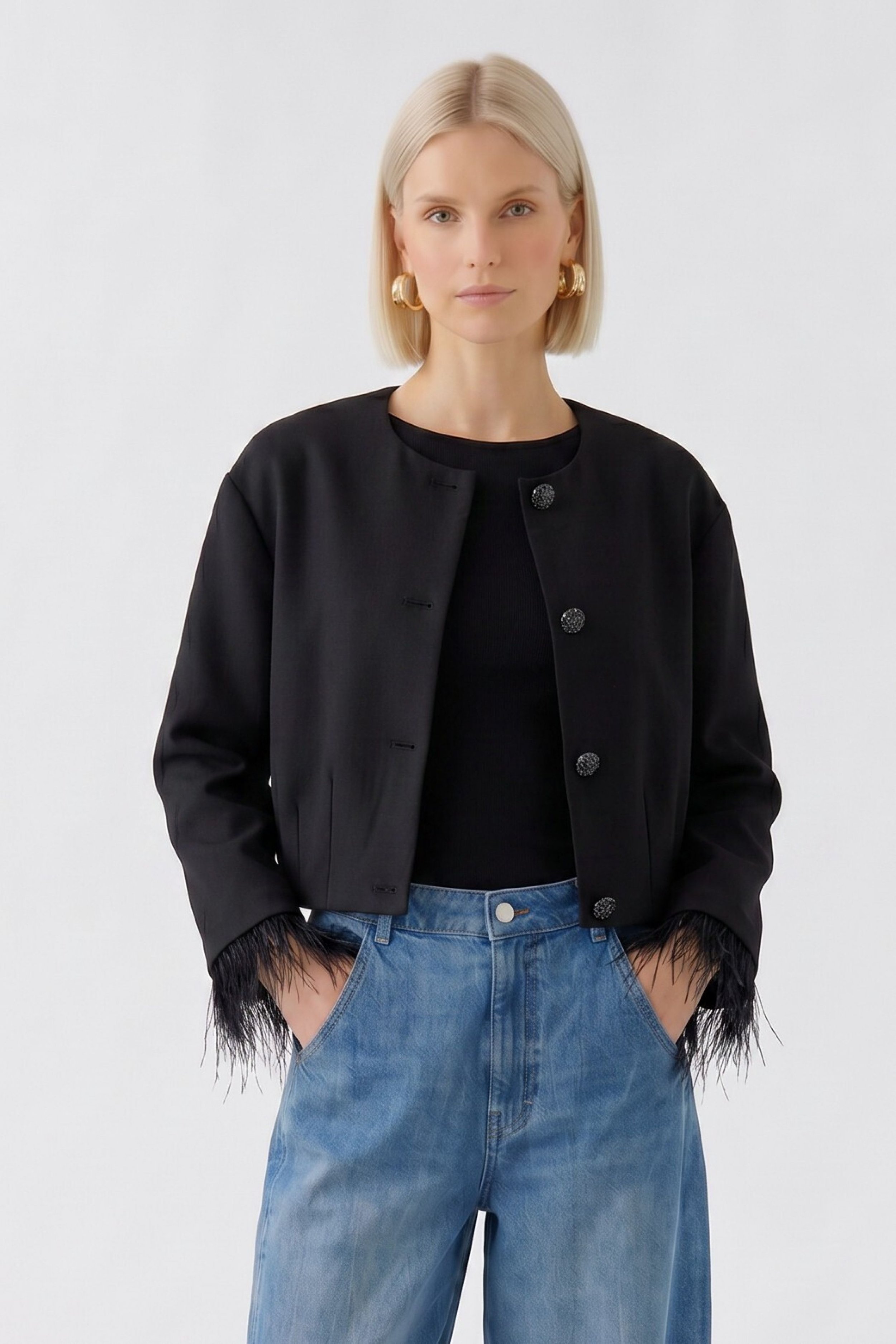 COMING SOON - Black 'Chanel' Cut Jacket in Stetch Crepe with detachable Feather Trim 100825