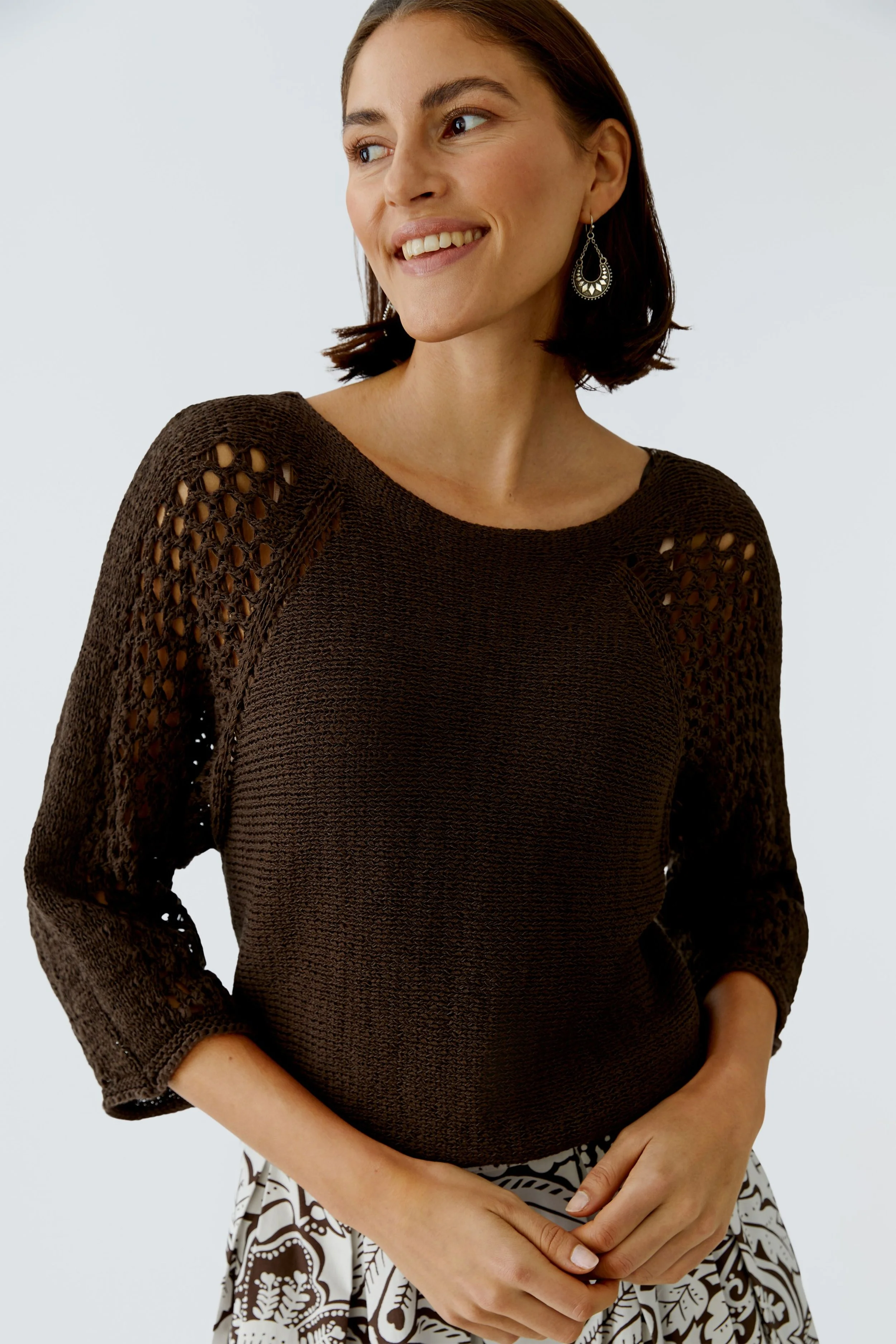 COMING SOON - Cotton blend open knit shoulder detail knit in Demitasse  97270  //  8734