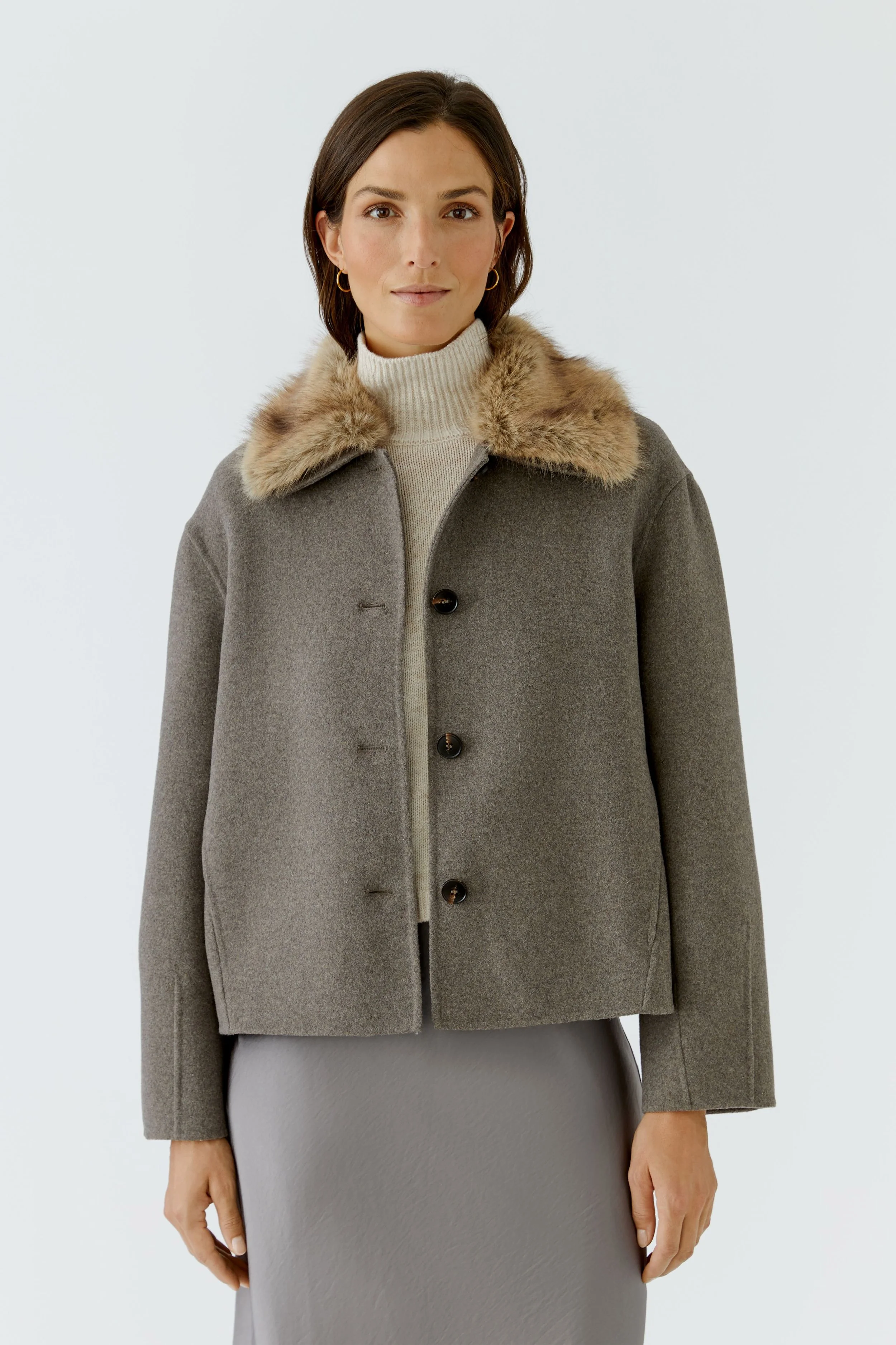 COMING SOON -  Wool Blend Jacket with Vegan Fur Detachable Trim  in Taupe Melange  100469  // 8171