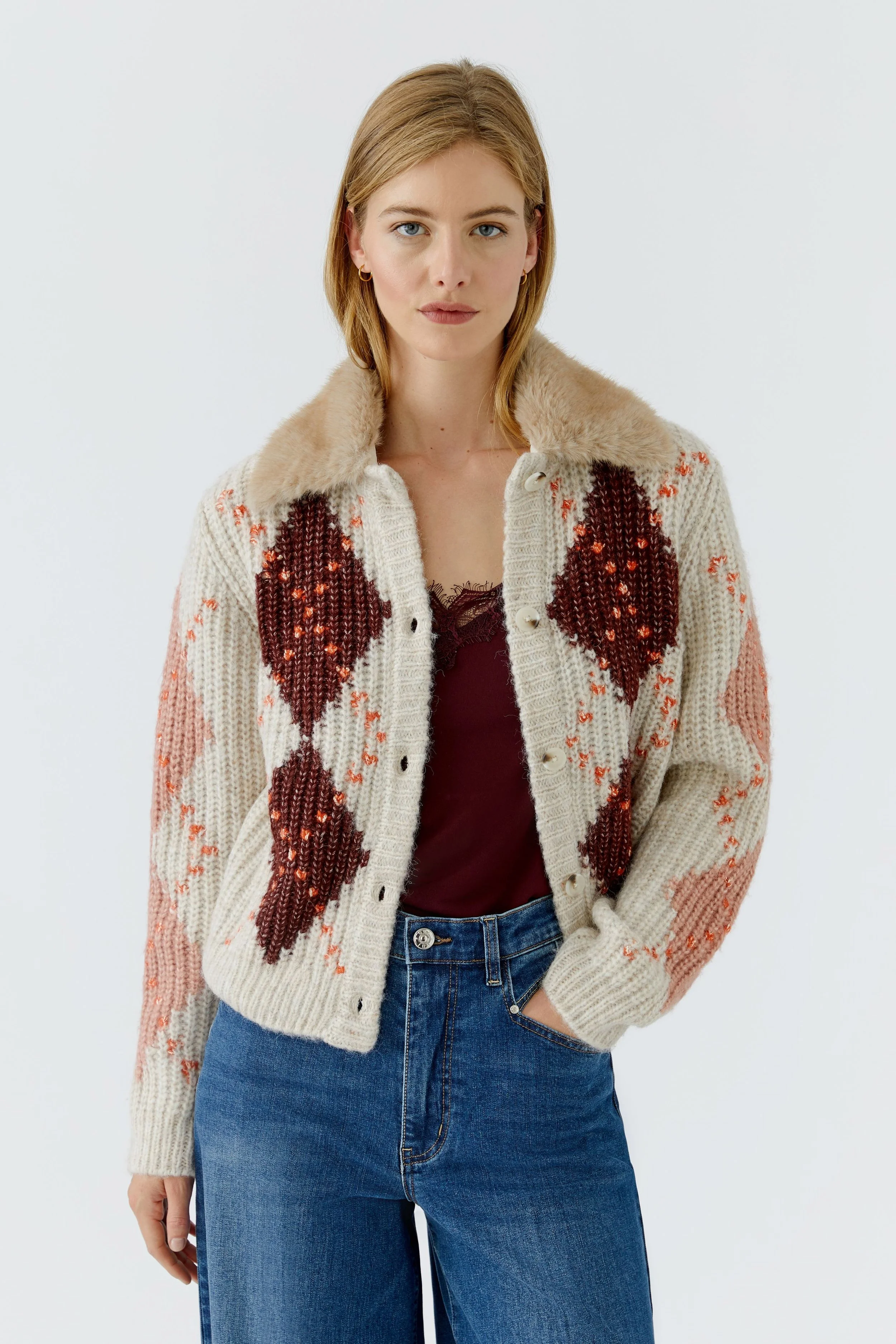 COMING SOON - Wool Blend Knitted Chunky Cardigan with detachable vegan fur collar 99770  //  703
