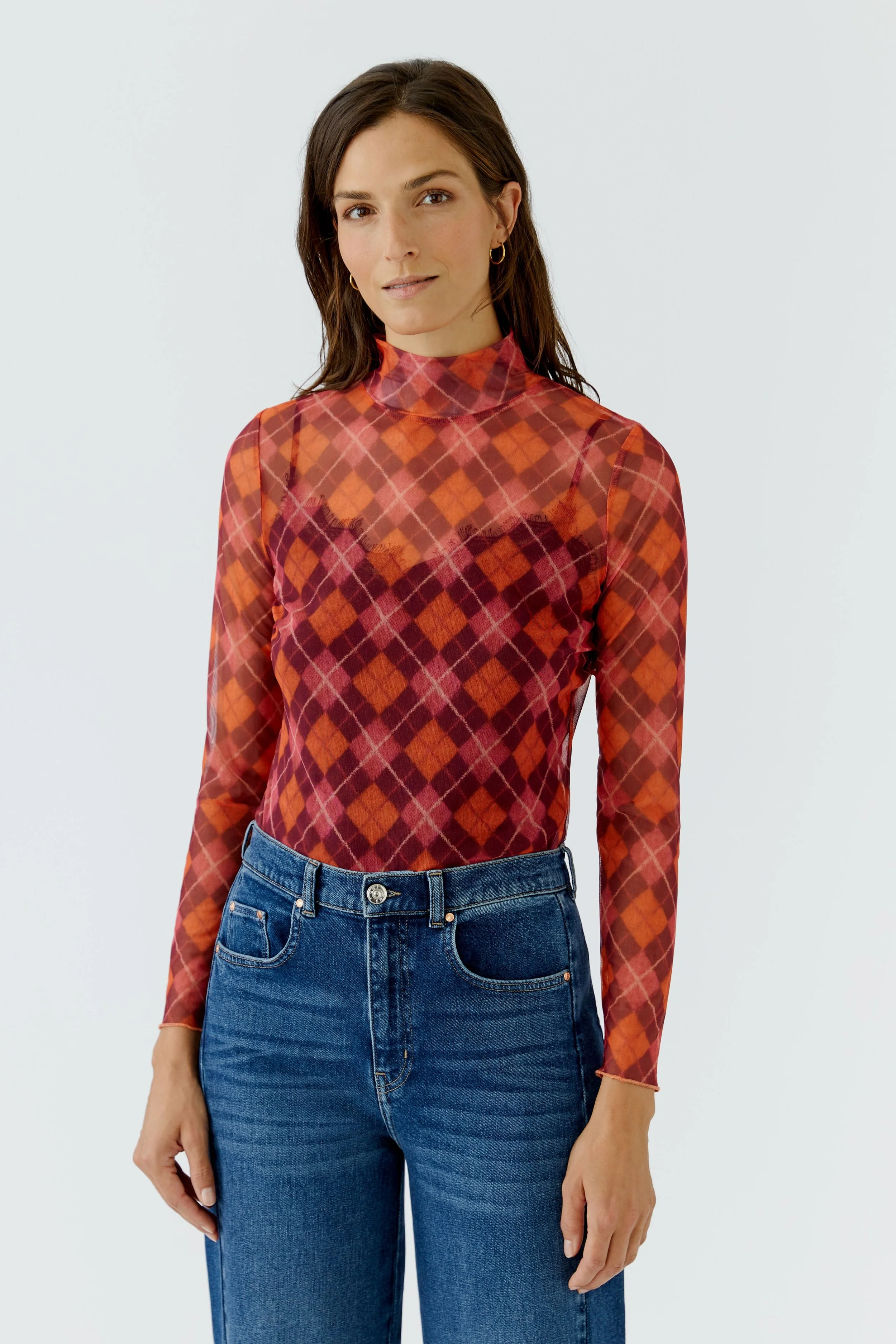 COMING SOON -  Mesh Tartan Top in Burgundy and Rose 99895  //  0393