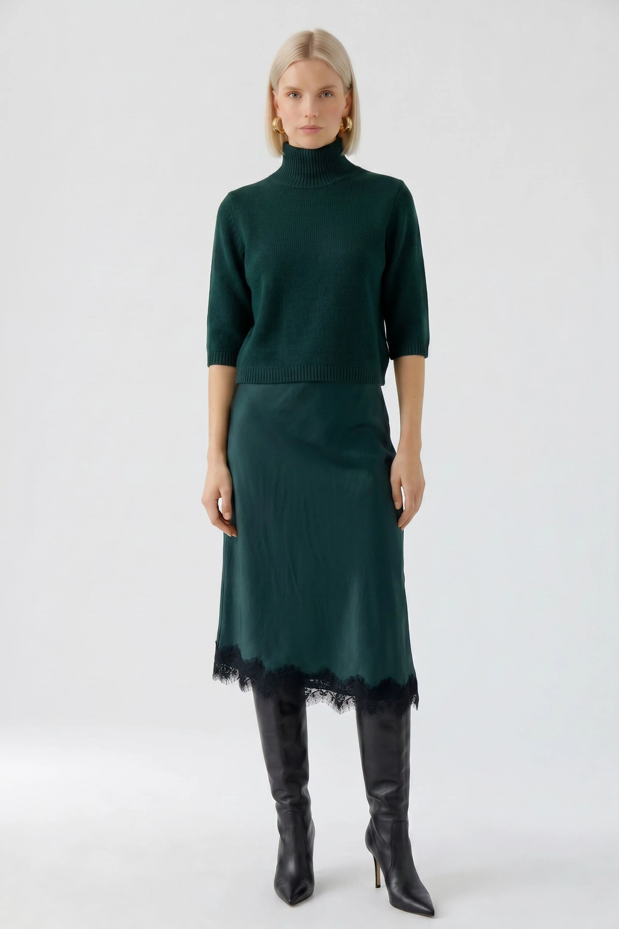 COMING SOON - Lace Trim Asymmetric Satin Skirt in Scarab Green 99987 - 6684