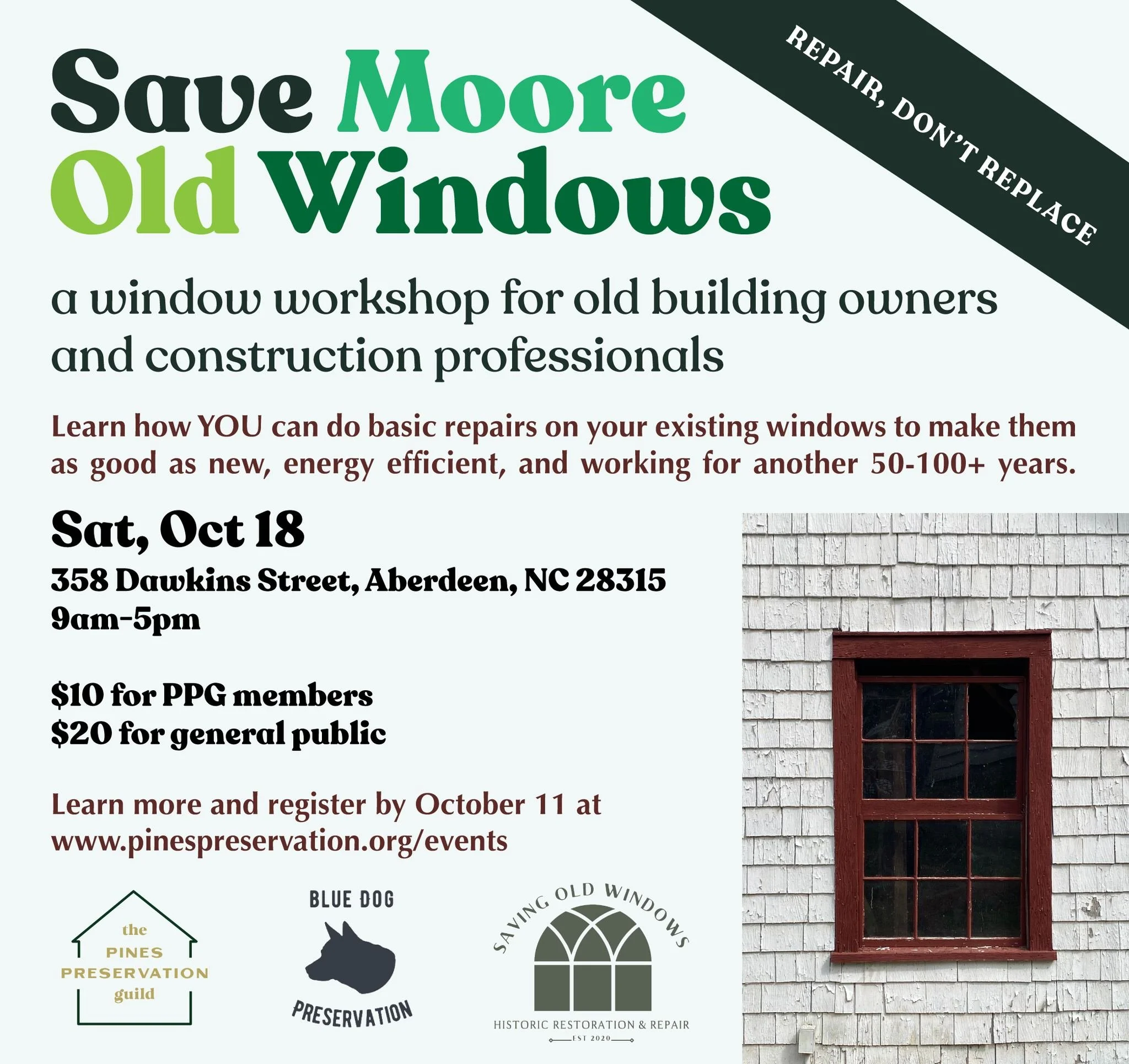 📣Attention All Moore County Old House Owners!! 📣

We are so excited to announce our 2025 Save Moore Old Windows Window Workshop!

A core mission of The Pines Preservation Guild is to help property owners and building professionals learn more about 