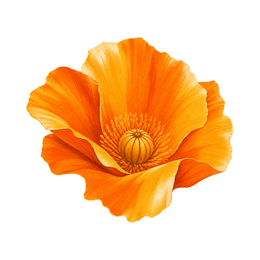 Close-up of a bright orange poppy flower with a seed capsule at its center.