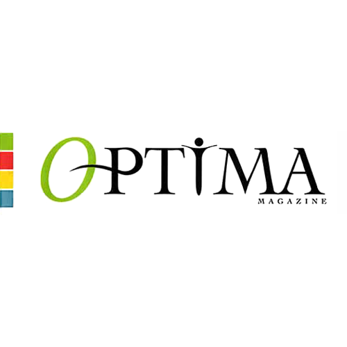 Optima Magazine logo with green letter 'O', colorful vertical bars, and black text.