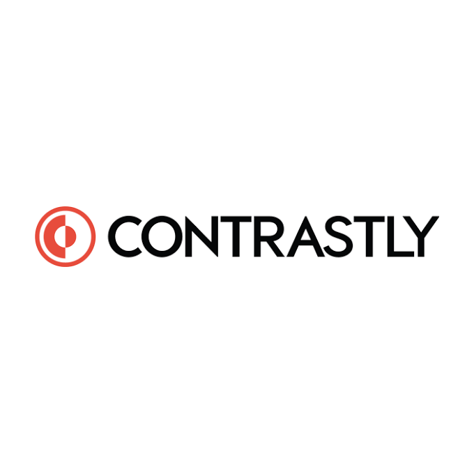 The logo of Contrastly consisting of a red circular icon with a white stylized eye symbol and the word Contrastly in bold black letters.