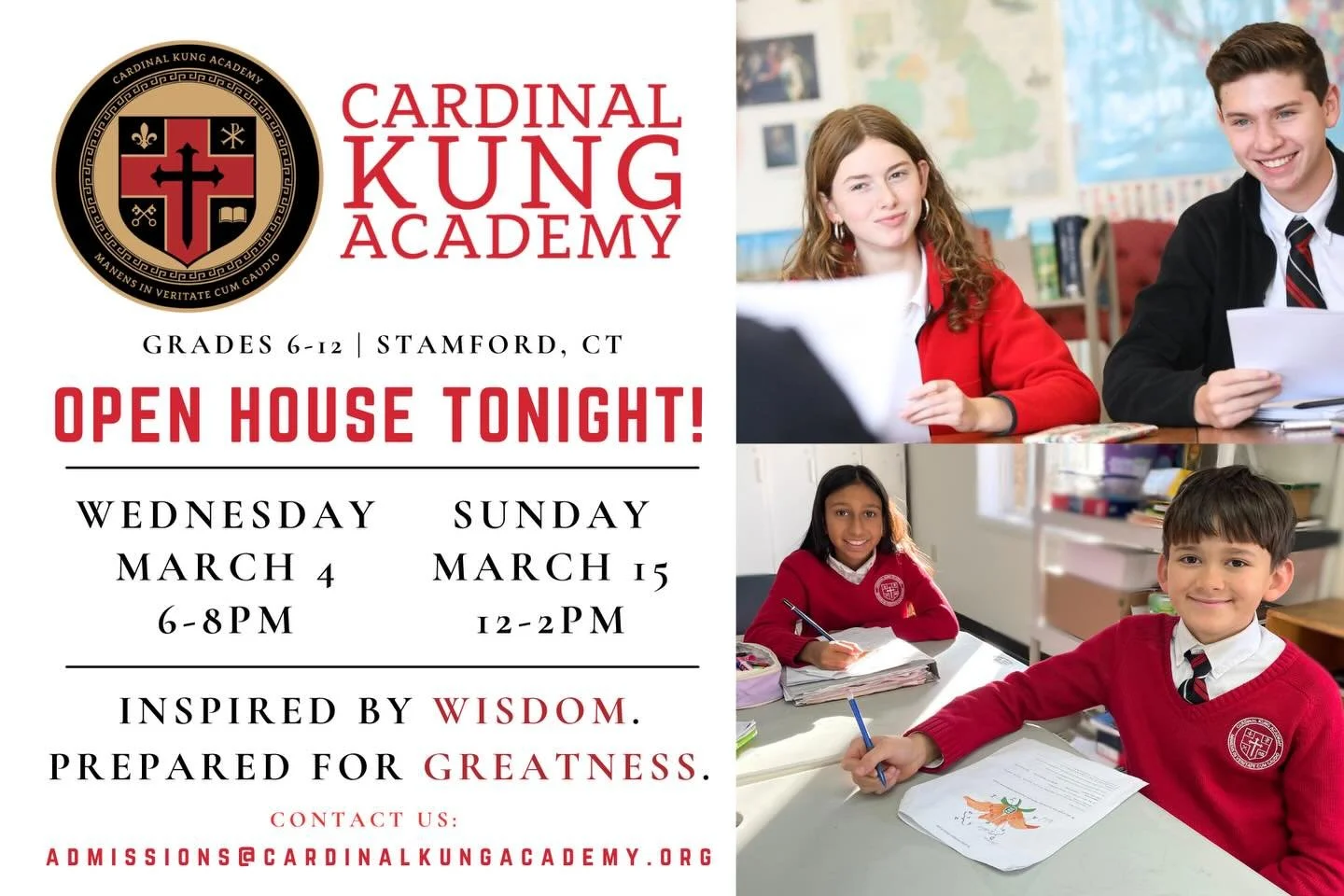 Open House Tonight! Interested families are invited to CKA tonight between 6pm and 8pm, where you&rsquo;ll have the opportunity to meet teachers, see the classrooms, learn about our classical curriculum, and ask us your most pertinent questions! 

We