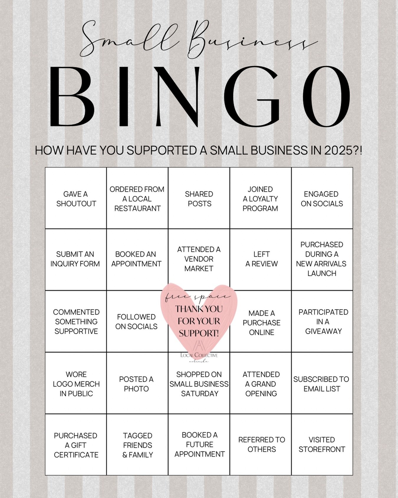 2025 SMALL BIZ BINGO CARD ✨🪩

Every day is good day to support small businesses&hellip; 
tell us how many ways you have in 2025! ⤵️

Comment below or share to your stories! We appreciate all you do to support the members of our A Local Collective co