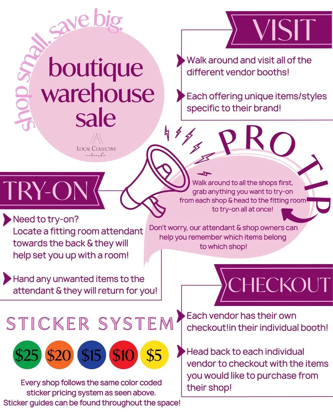 Sooooo how&rsquo;s this all work?! 🤔💭⤵️

➡️ Each shop participating in our Boutique Warehouse Sale will have all available items marked $5-$25 with our coordinating colored sticker system - we will have our sticker guide posted in several spots for