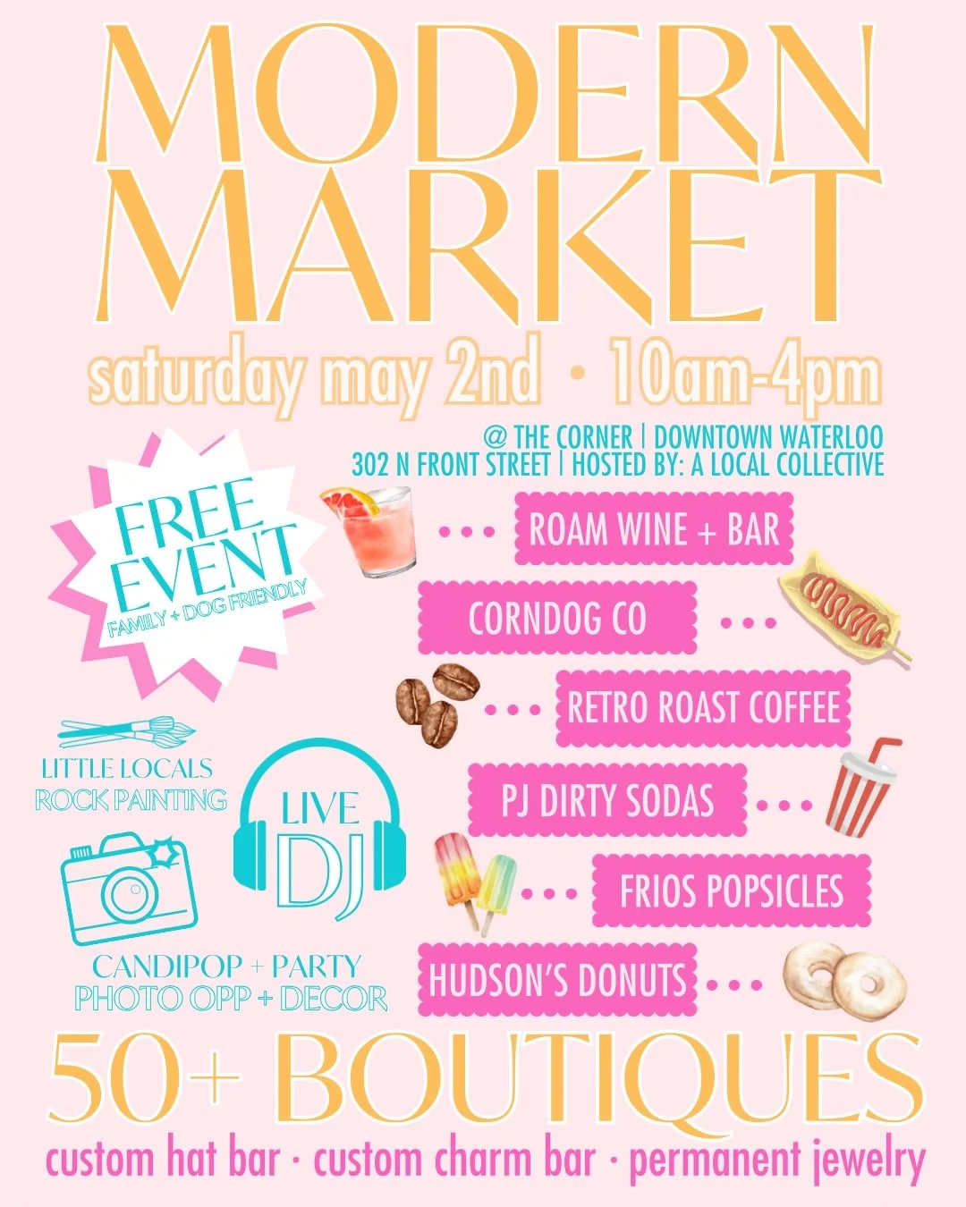 IT&rsquo;S MODERN MARKET DAY!! 🌸🛍️✨
📣 SEE YA AT 10AM! 

🛍️ 50+ Small, Local Businesses 
🗓️ Sat. May 2nd | 10am-4pm
📍 302 N Front Street Downtown Waterloo | @thecornerwaterloo 
🎉 Shop &bull; Drink &bull; Eat 
🪩 FREE EVENT &bull; FAMILY + DOG F