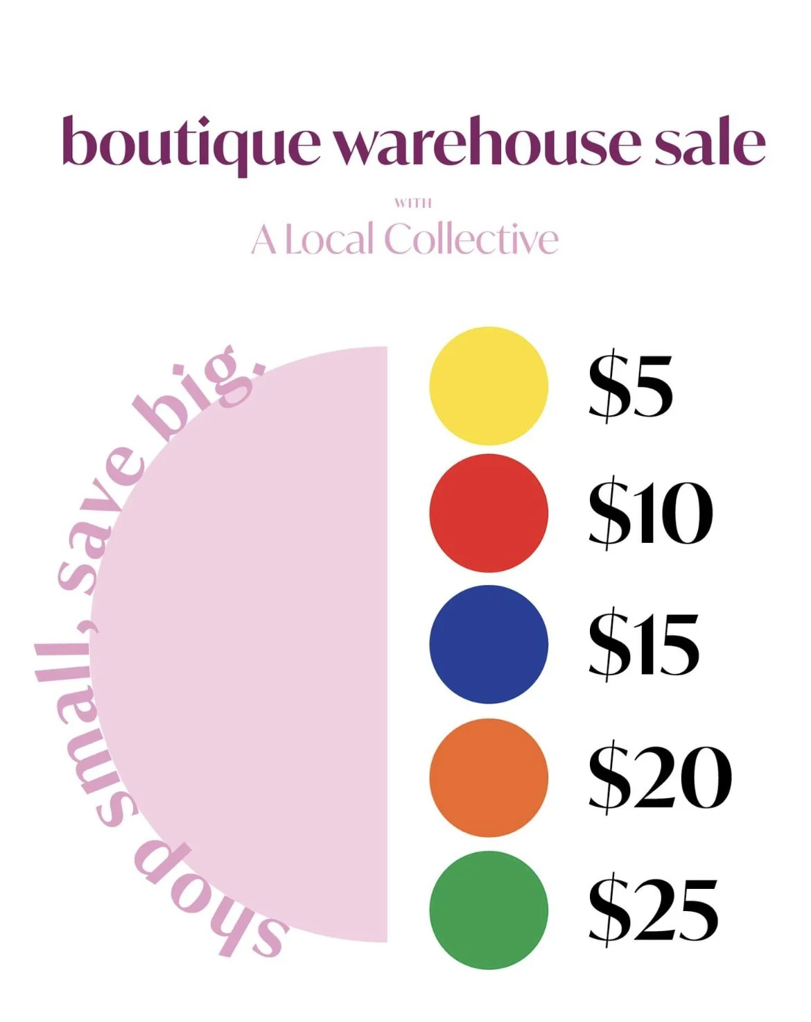 Pink semi-circular pie chart illustrating savings plans with color-coded dollar amounts: yellow for $5, red for $10, blue for $15, orange for $20, green for $25, and purple for larger savings.