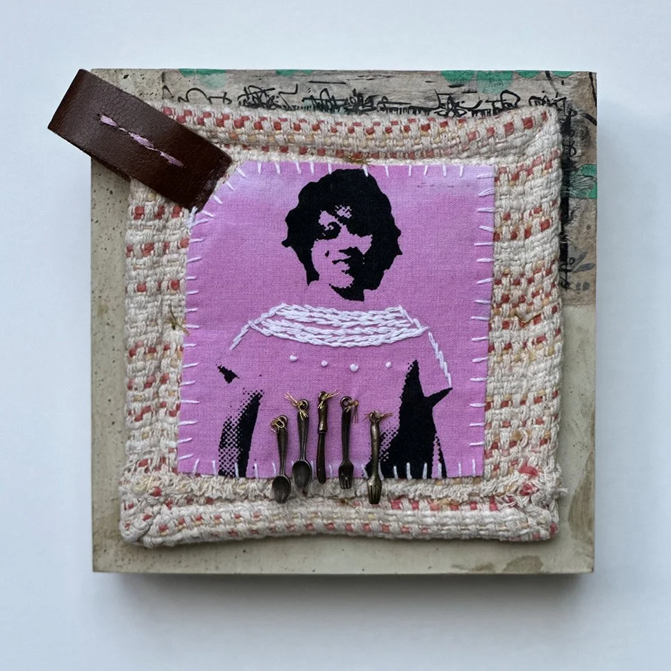 Kitchen as Archive, 6x6". mixed media, 2025