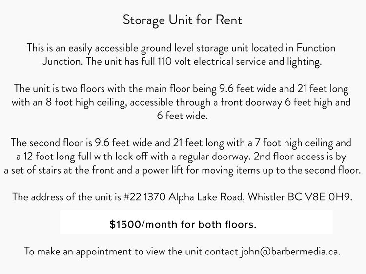 This is an easily accessible ground level storage unit located in Function Junction, The unit has full 110 volt electrical service and lighting

The unit is two floors with the main floor being 9.6 feet wide and 21 feet long with an 8 foot high ceili