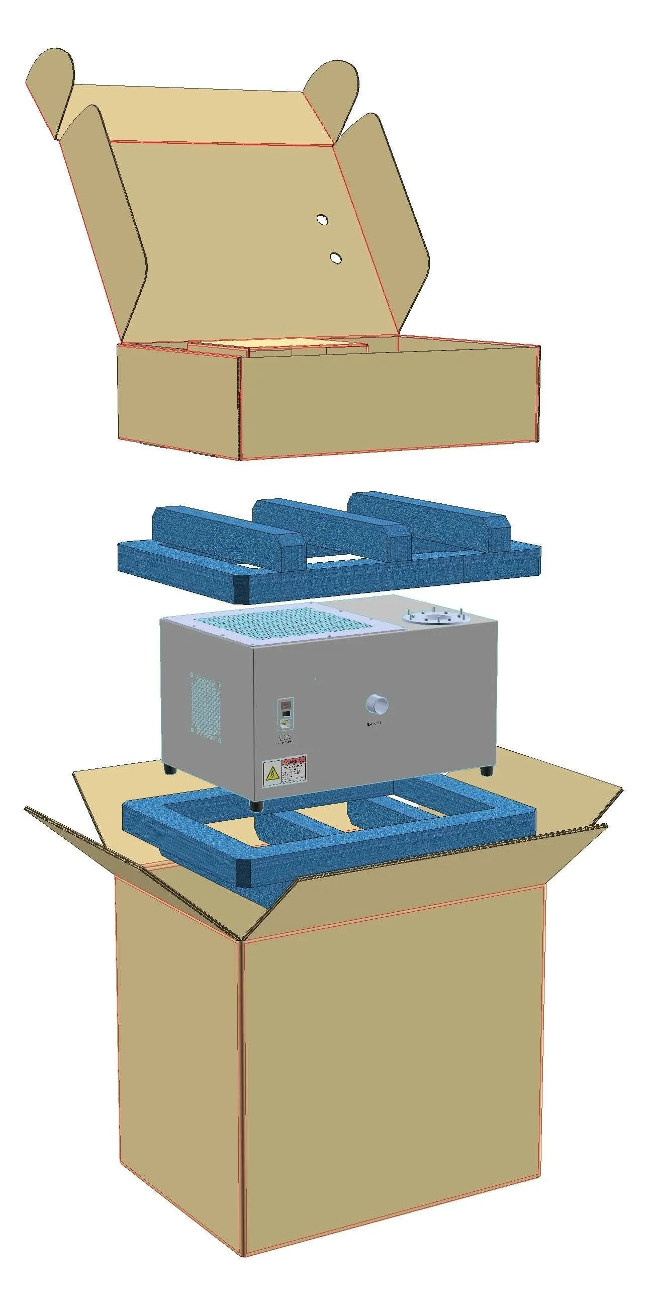 CAD drawing of medical device packaging showing polyethylene PE foam endcaps and a front radius tuck accessory box.