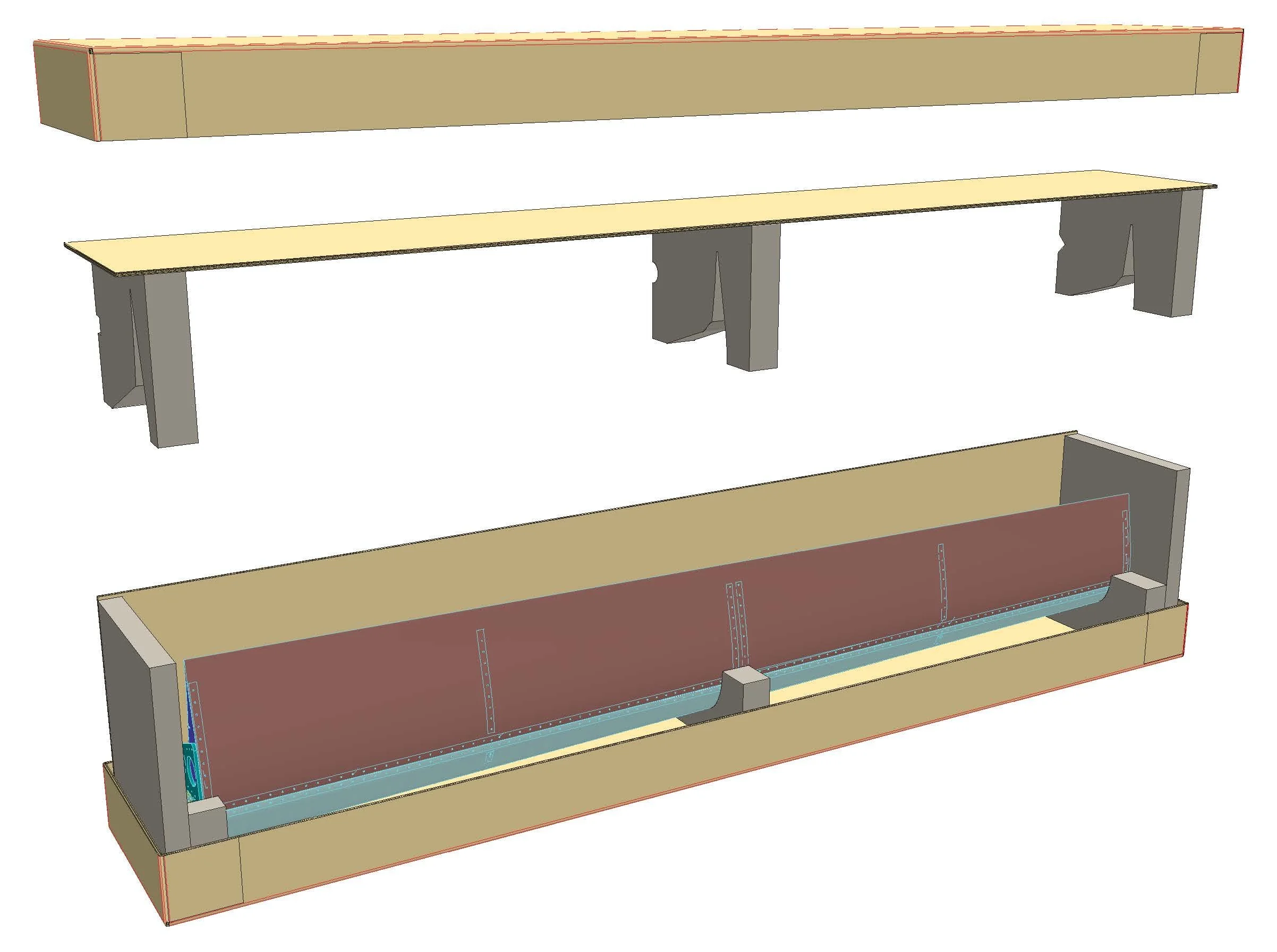 3D illustration of a long rectangular package with an airplane wing inside. Fabricated foam is glued to corrugated to provide protection for this large part.