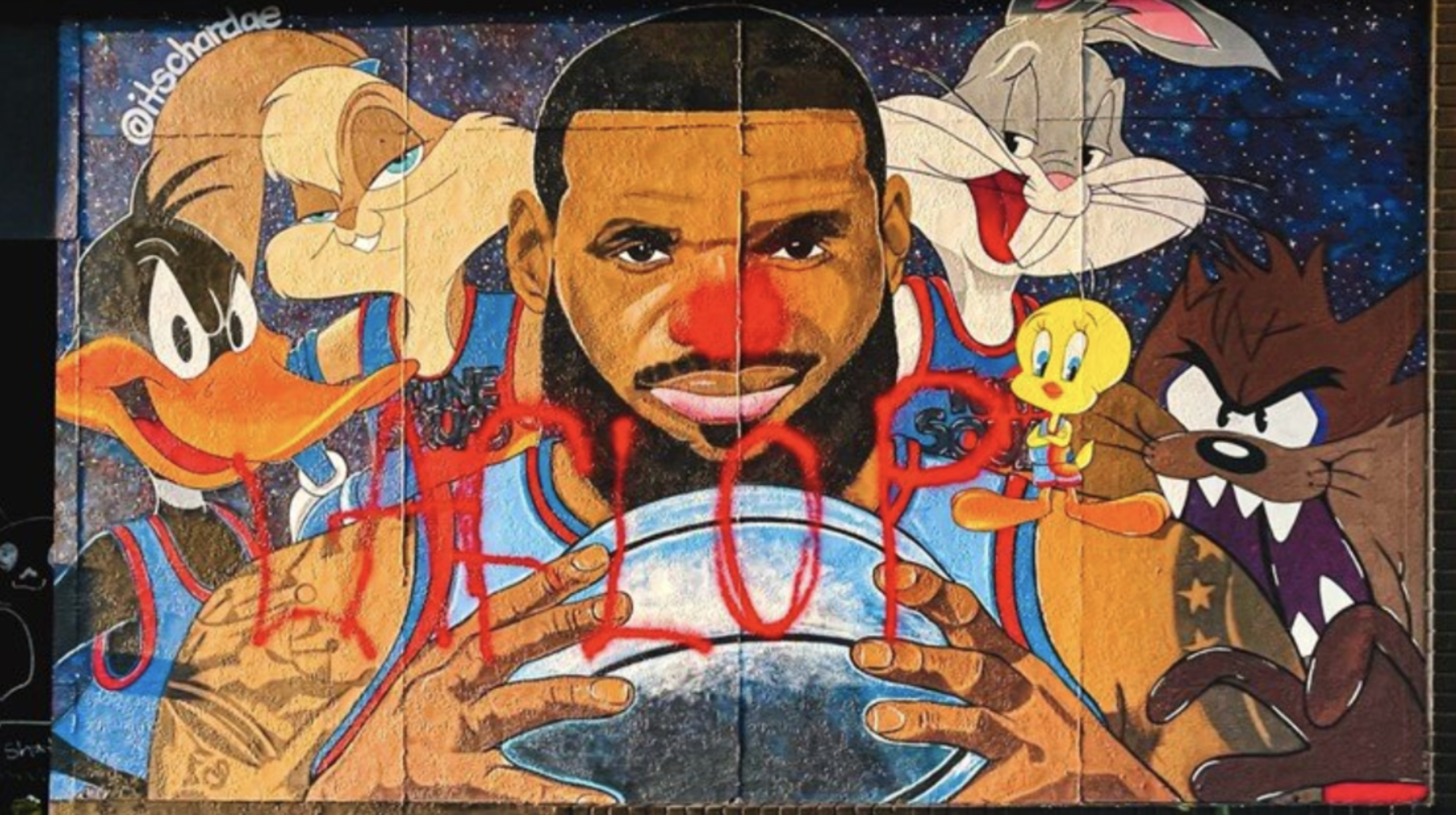 LeBron James mural vandalized in hometown with clown nose, called a ‘LA FLOP’