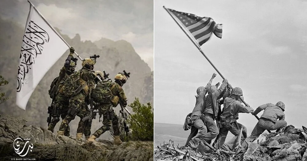 Taliban fighters stage photo mocking iconic US WW2 Iwo Jima flag raising photo