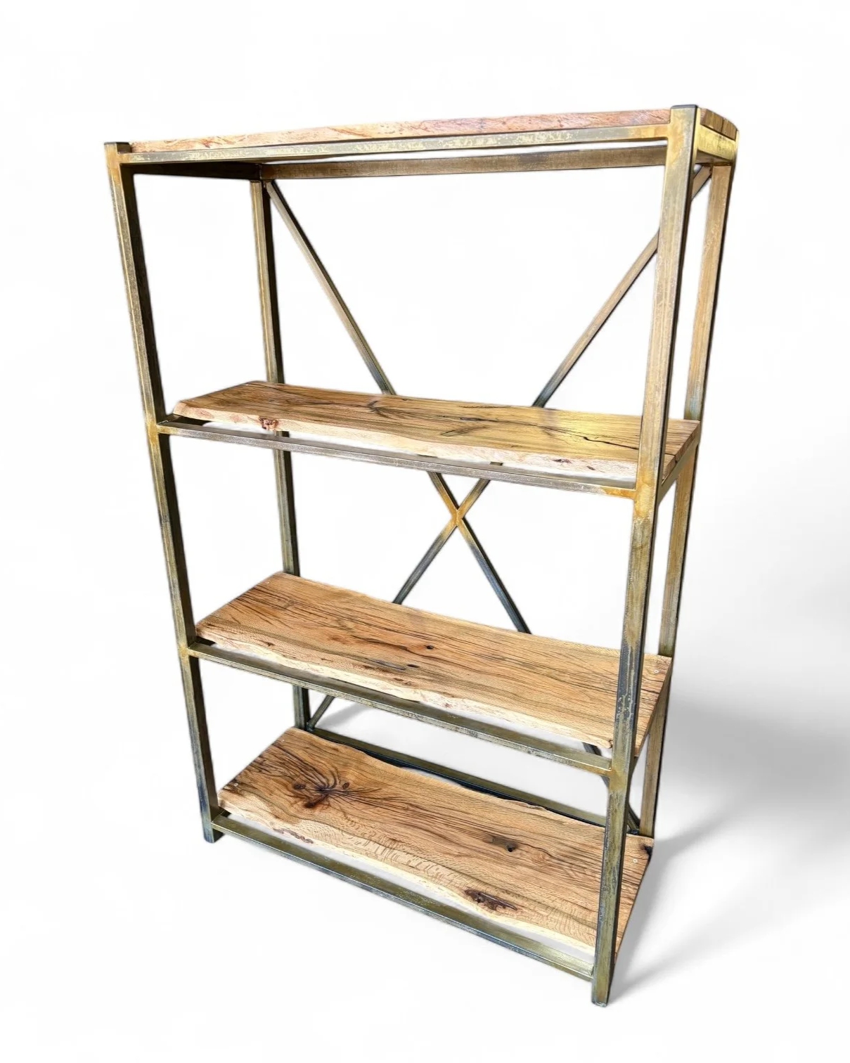 A wooden and metal shelving unit with four shelves, standing against a white background.