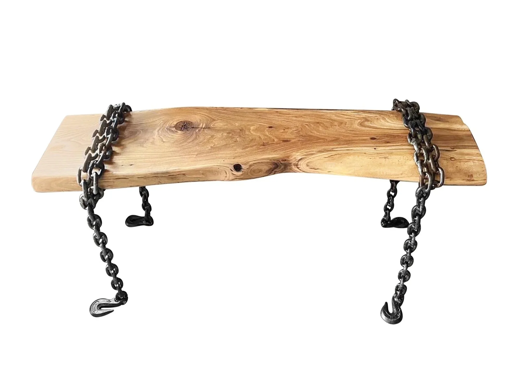 Wooden shelf with black metal chains hanging from each side.