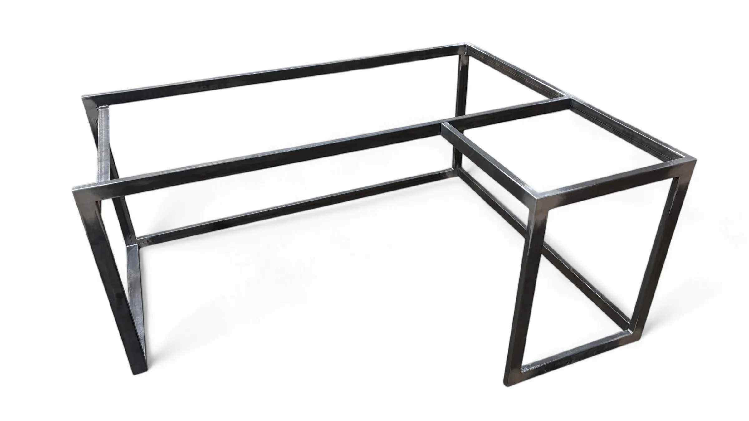 Metal frame structure with rectangular and square sections on a white background.