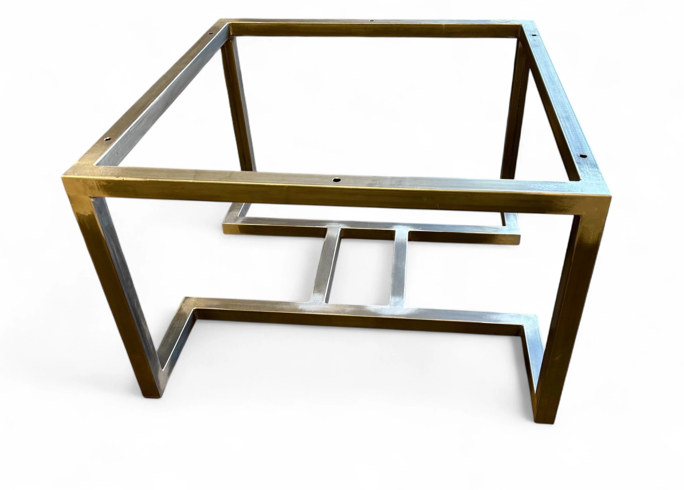 Open metal frame structure with wooden top, resembling a table or display stand, with a modern industrial design.