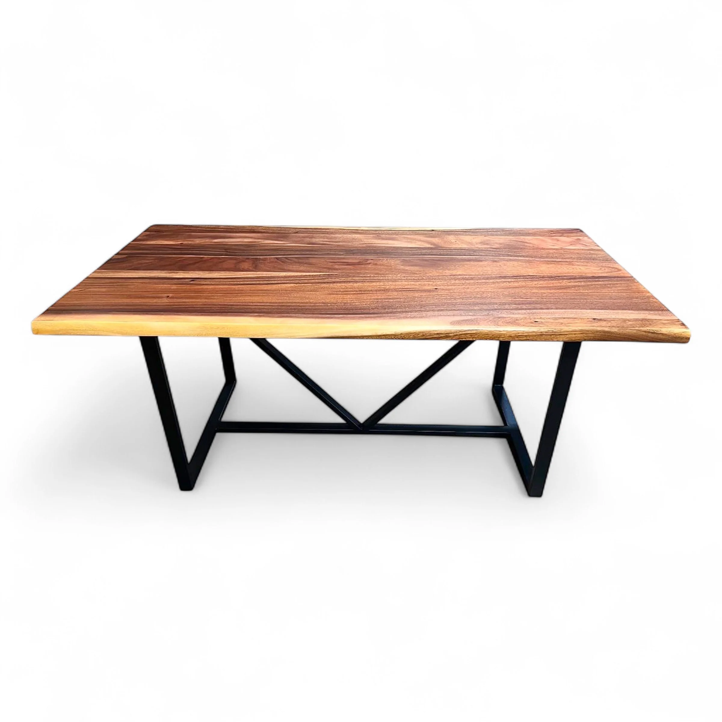 Wooden table with a metal black base on a white background.