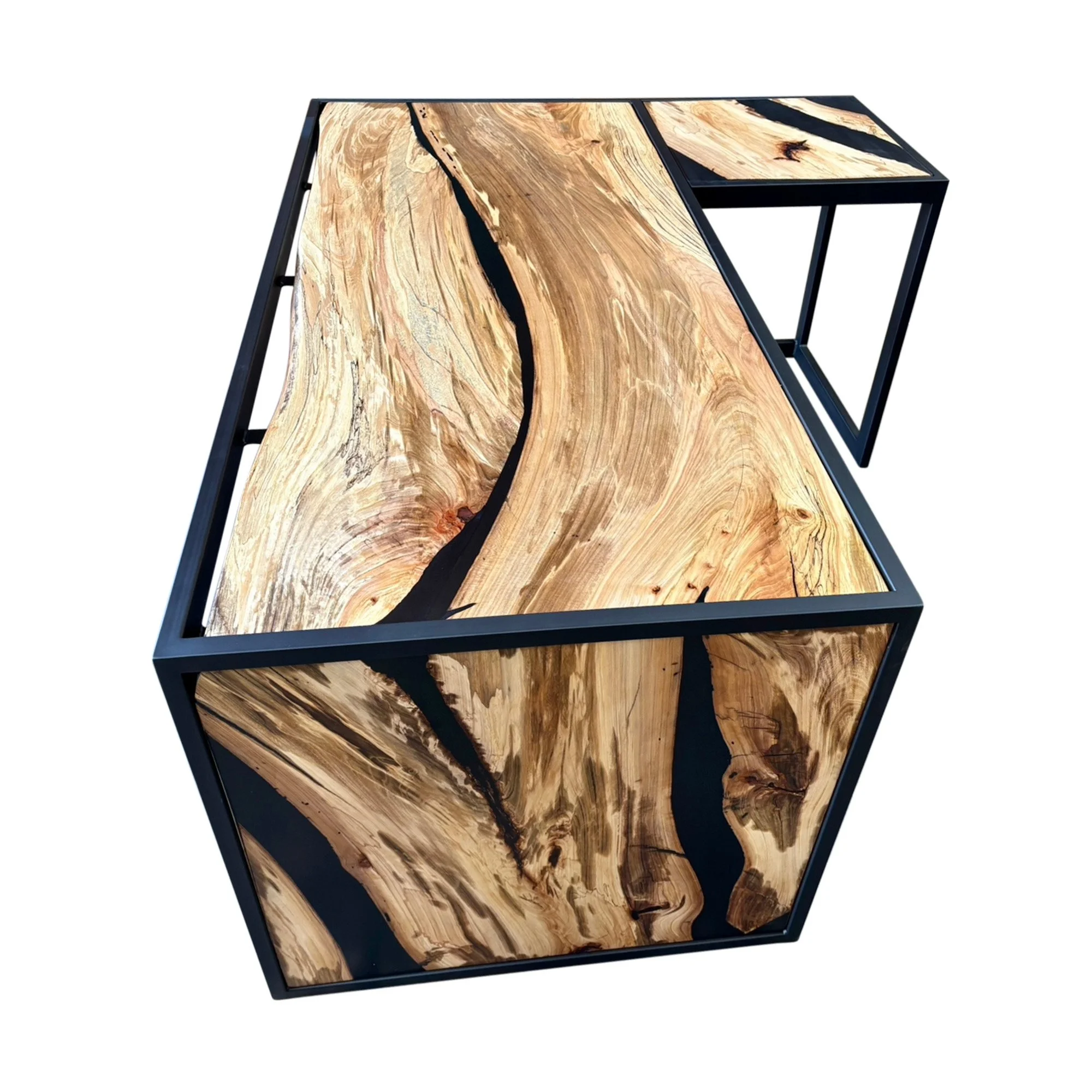 Modern table with wood grain pattern and black metal frame, viewed from a high angle.