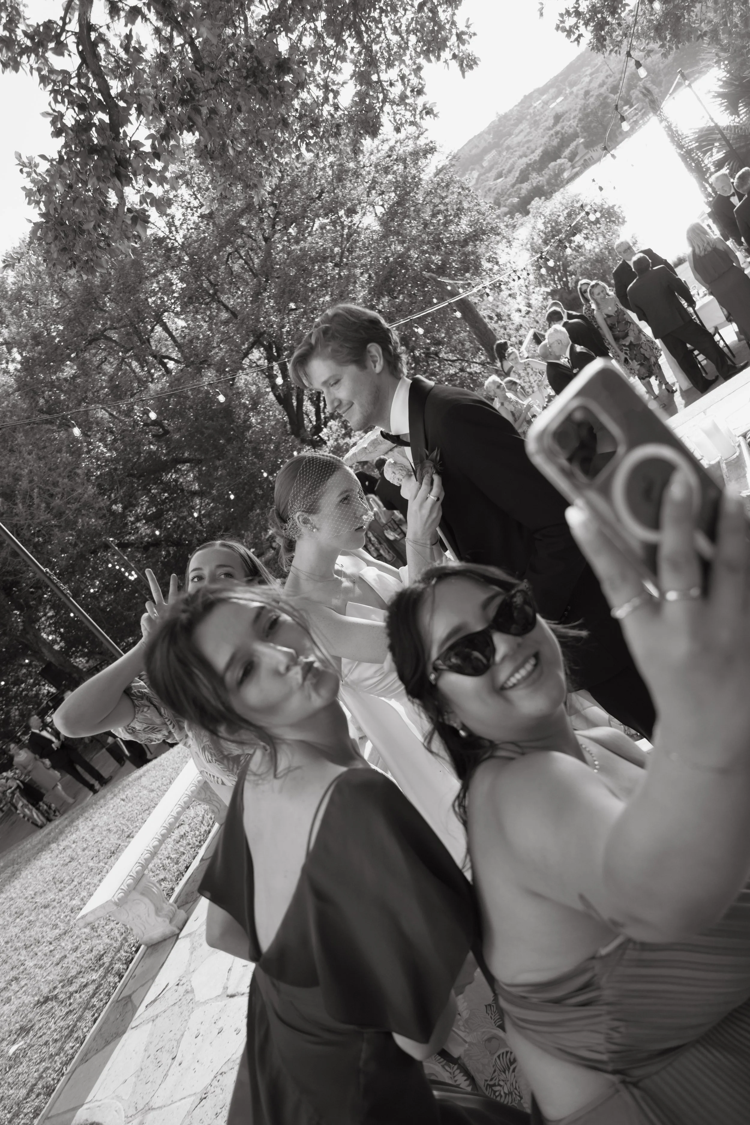 Bride and Groom with wedding party at Laguna Gloria in Austin