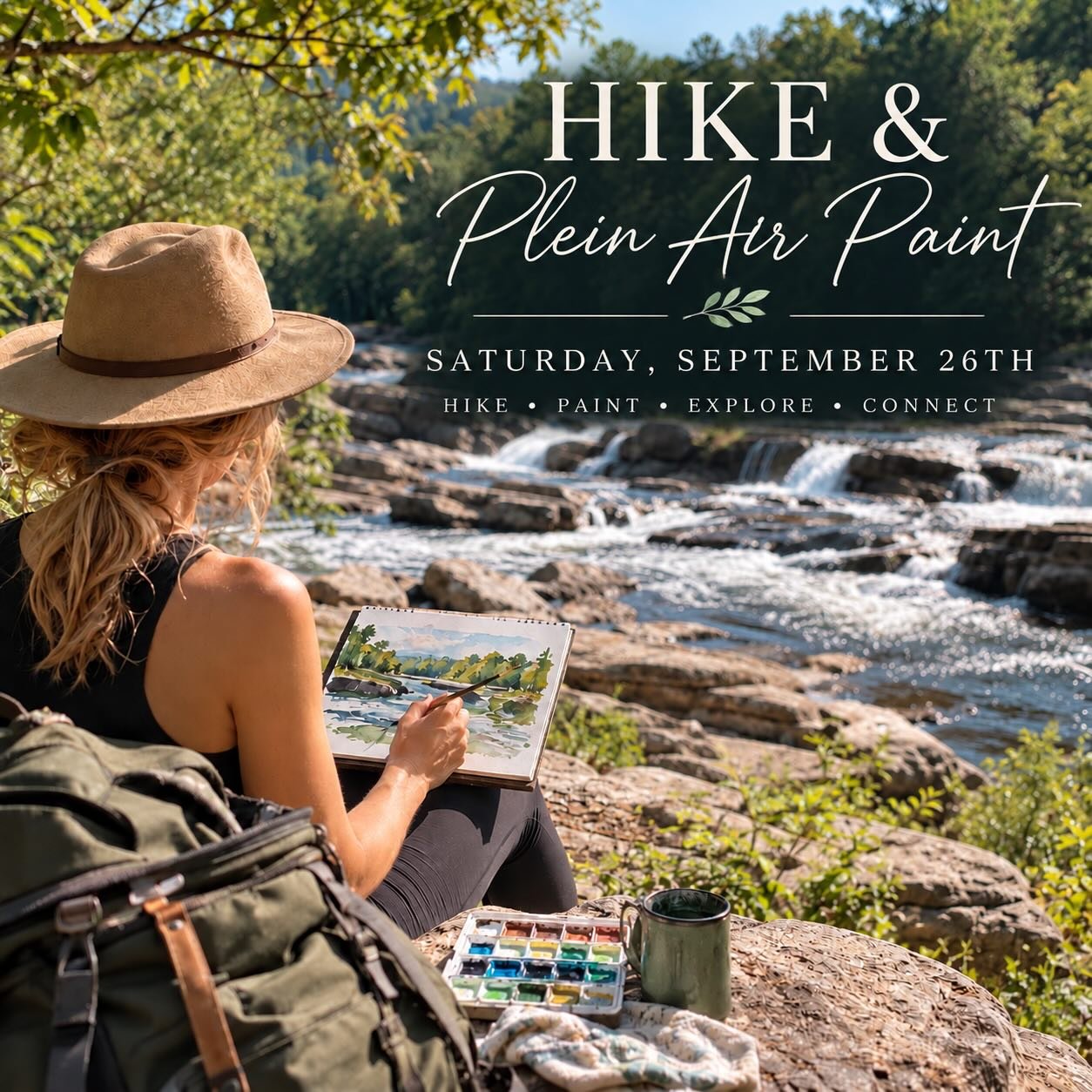 🥾🎨 Hike &amp; Plein Air Paint! Join us Saturday, September 26th 8:30am for a unique experience! We&rsquo;ll take a scenic hike to the river, settle in by the shoals, and create a watercolor painting. Tag a friend to come with you! Link in bio.  #no