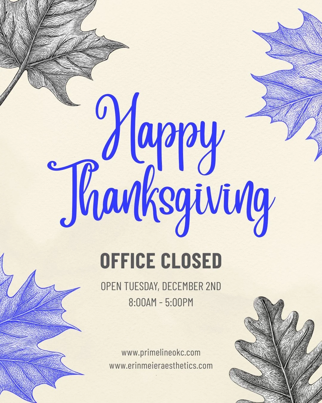Happy Thanksgiving! 🍂🦃

The office is CLOSED.

I&rsquo;ll be back and ready to see you on Tuesday, Dec 2nd, from 8am - 5pm.

Have a beautiful and safe holiday! ✨

#ErinMeierAesthetics #HappyThanksgiving #Grateful #HolidayHours #OKCAesthetics #ShopL