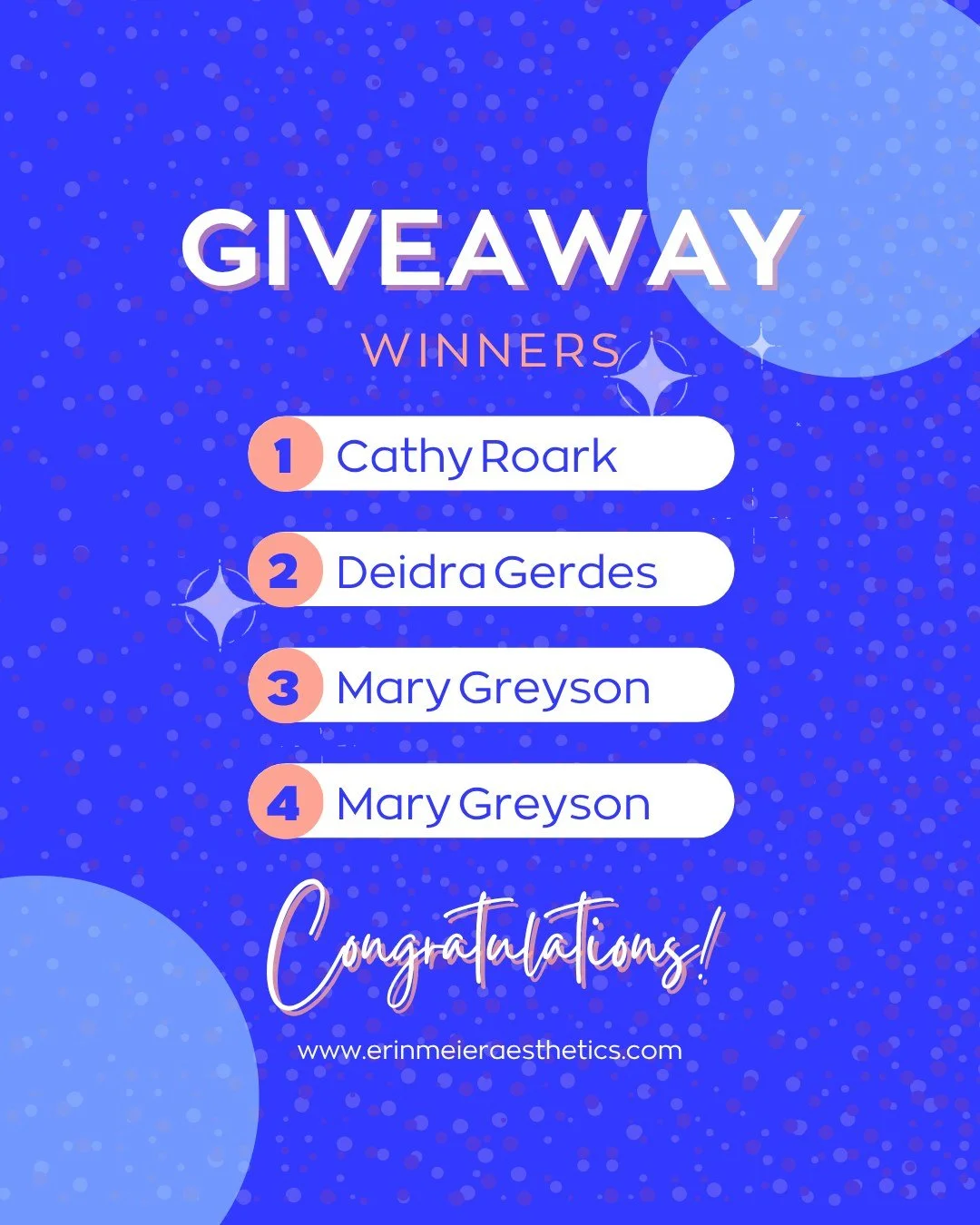 A huge thank you to everyone who joined to celebrate one year at Refined Aesthetics!

Meet the Grand Opening giveaway winners:

🔷 Cathy Roark
🔷 Deidra Gerdes
🔷 Mary Greyson
🔷 Jessica Koontz

Thank you all for being part of such a special event. I