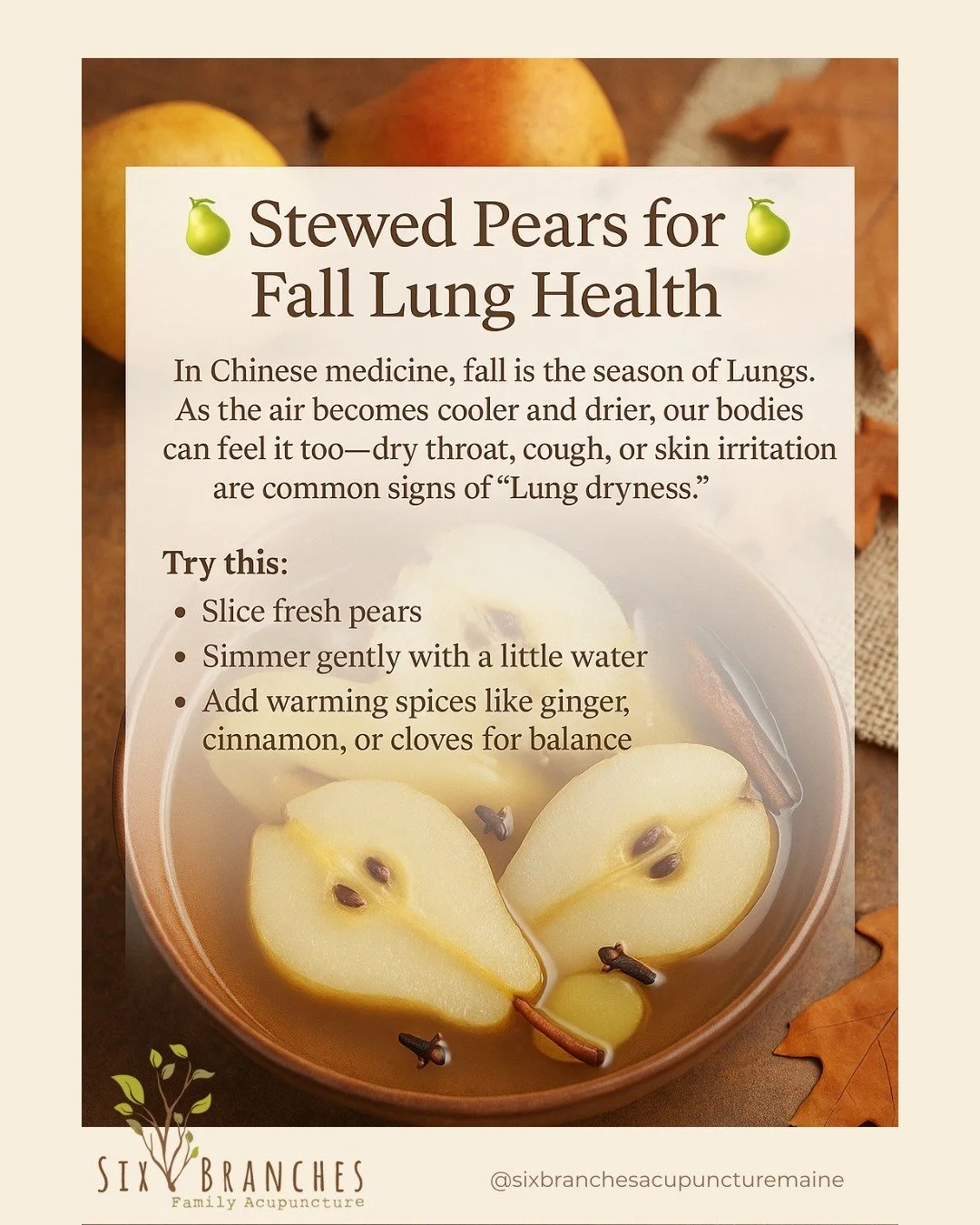 🍐 Stewed Pears for Fall Lung Health 🍐

In Chinese medicine, fall is the season of the Lungs. As the air becomes cooler and drier, our bodies can feel it too&mdash;dry throat, cough, or skin irritation are common signs of &ldquo;Lung dryness.&rdquo;