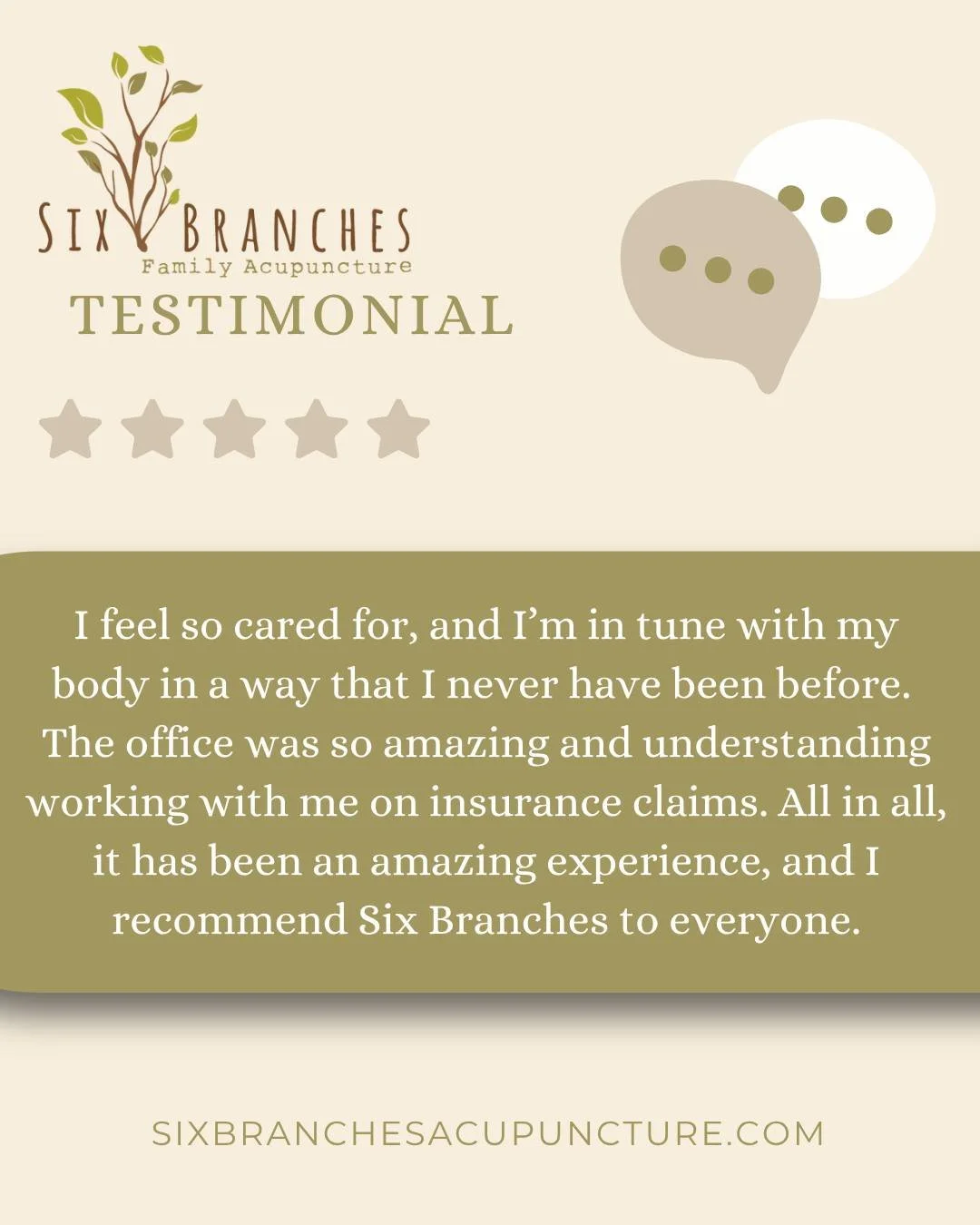 Acupuncture helps you get in touch with what your body needs and recognize your own rhythms.

This patient testimonial reads:
&quot;I feel so cared for, and I'm in tune with my body in a way that I never have been before. The office was so amazing an