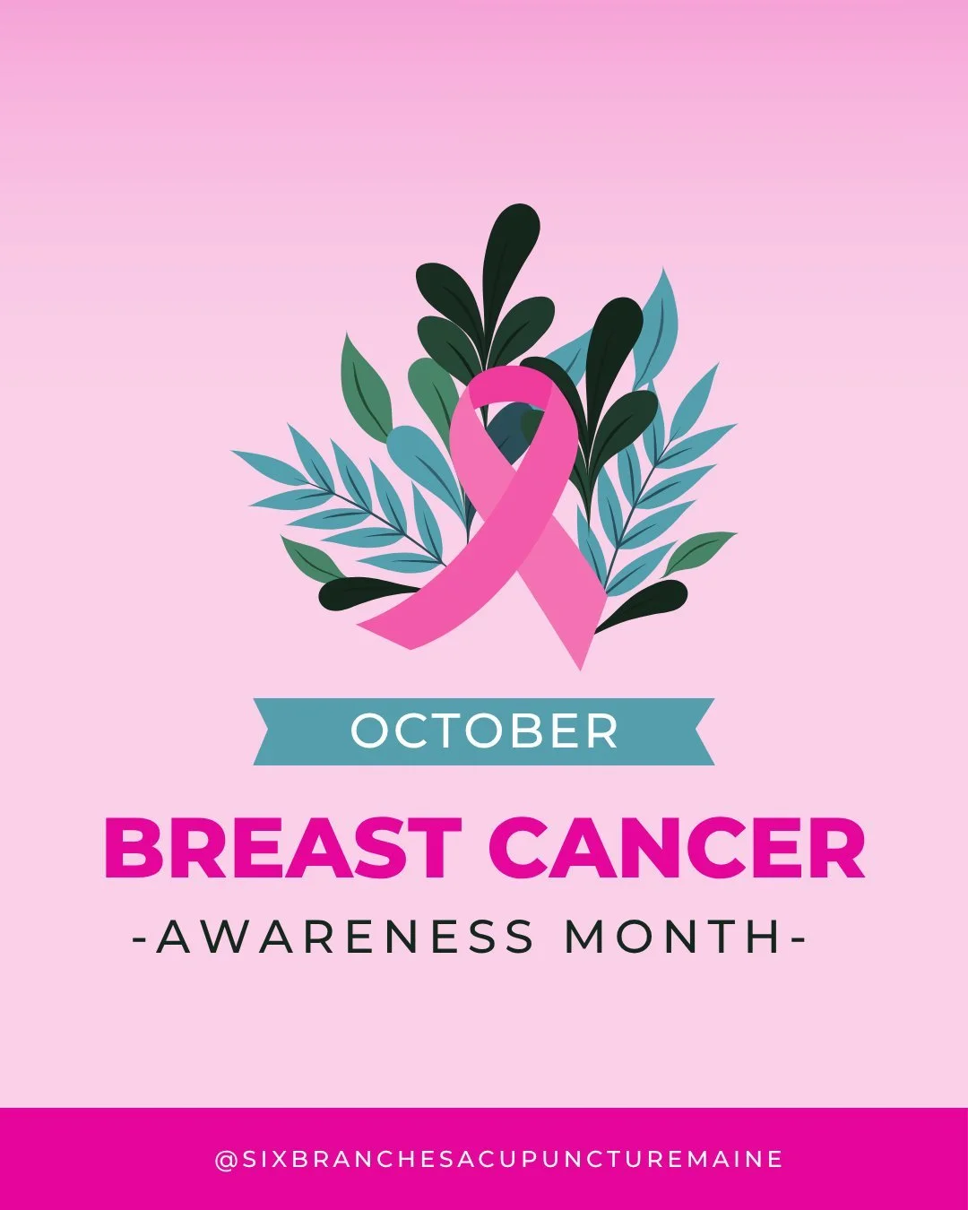October is Breast Cancer Awareness Month.
At Six Branches, we stand with everyone whose life has been touched by breast cancer &mdash; those in treatment, survivors, and loved ones alike.

Acupuncture can offer supportive care during and after cancer