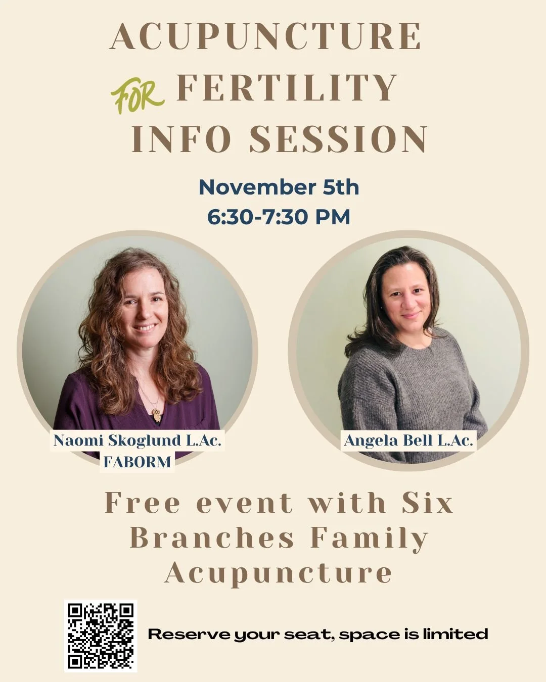 Join Six Branches' fertility specialists Naomi Skoglund L.Ac. FABORM and Angela Bell L.Ac. for a free information session about acupuncture for fertility on November 5th, 6:30-7:30 PM at Rosemont Wellness Center (@rosemontwellness )

Both Naomi and A