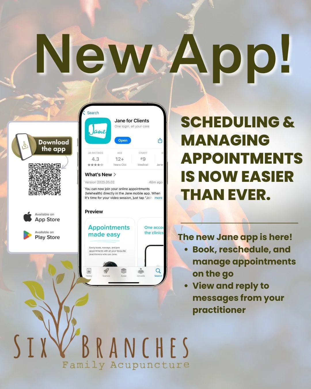 Our patients loooooove scheduling on the patient portal. Now there is an app to make scheduling and managing appointments even easier!
Search for "Jane for Clients" in the App store/Play store to download!