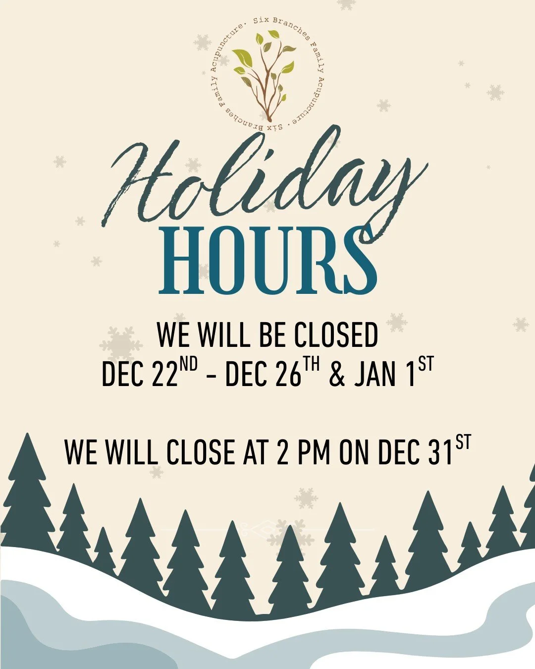 FYI, we will be closed for the whole week of December 22nd and again on January 1st. We'll be closing early on December 31st.

Please plan ahead if you need to stock up on supplements or herbs!