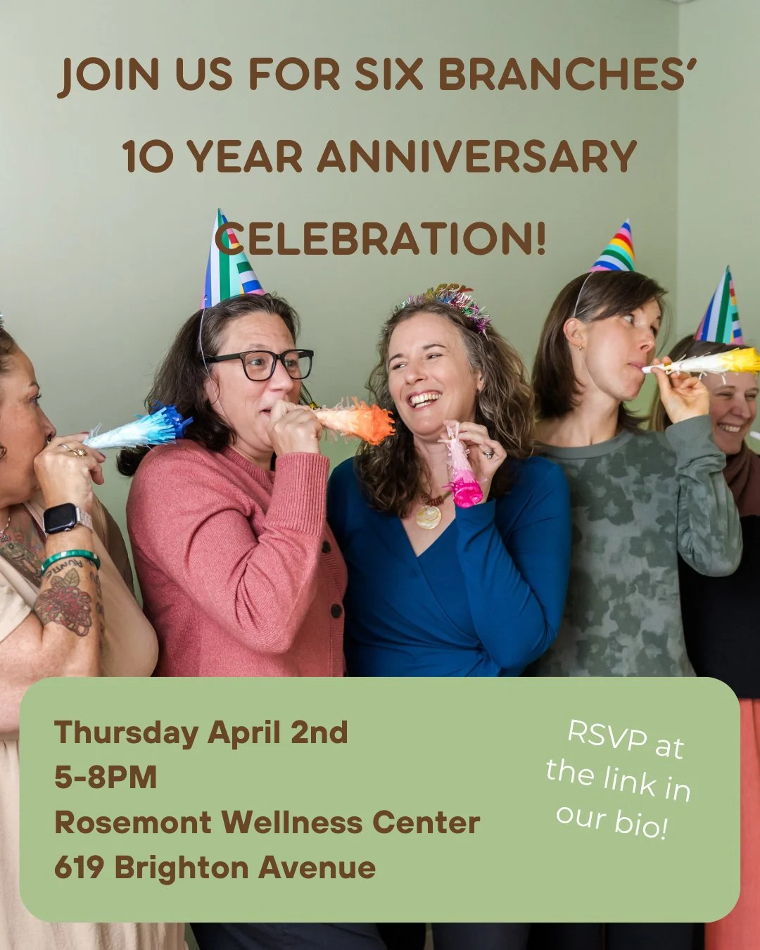 We are excited to invite you to the Six Branches clinic to celebrate our 10th anniversary on Thursday, April 2nd from 5-8PM!

Come by anytime during the celebration to enjoy:
🎉 Chair massage from Saltwater Wellness
🎉 Gua Sha &amp; ear seeds with th
