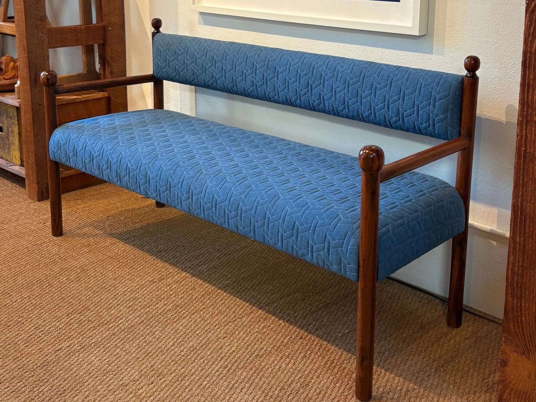 Sydney Bench Walnut,  Blue quilted upholstery