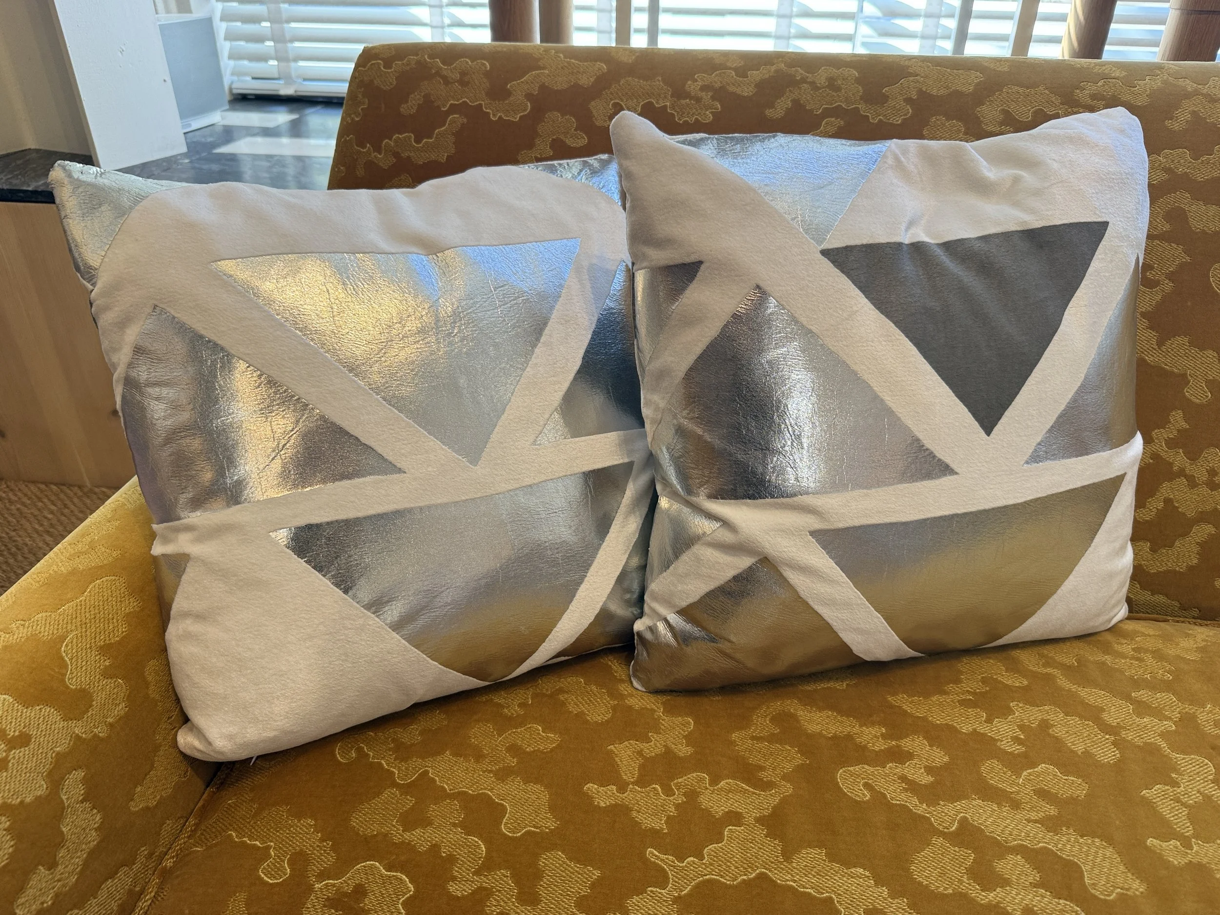 Silver foil on velvet pillows, two available