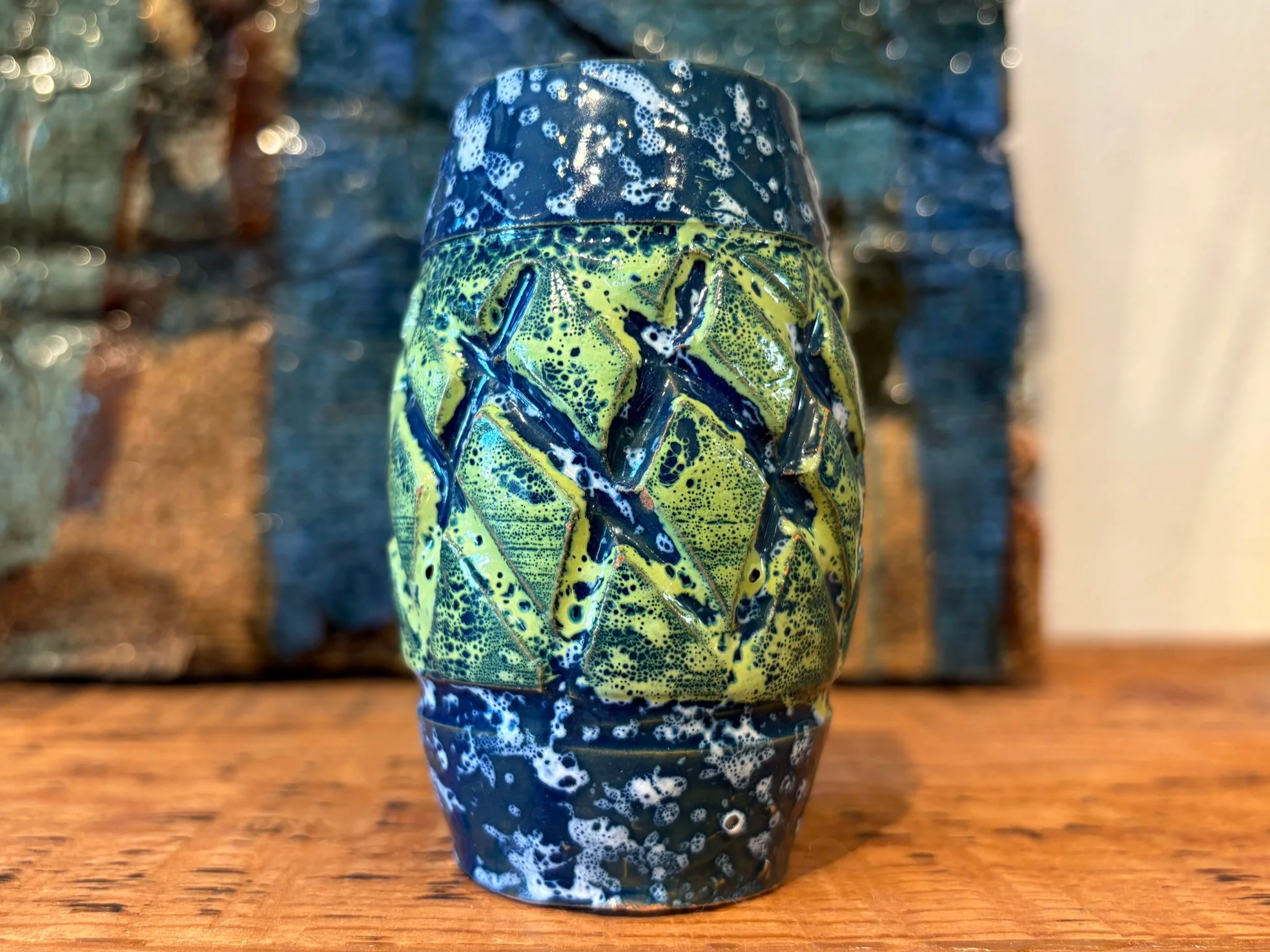 Vintage Blue and Green Sgrafitto Ceramic Pencil Cup