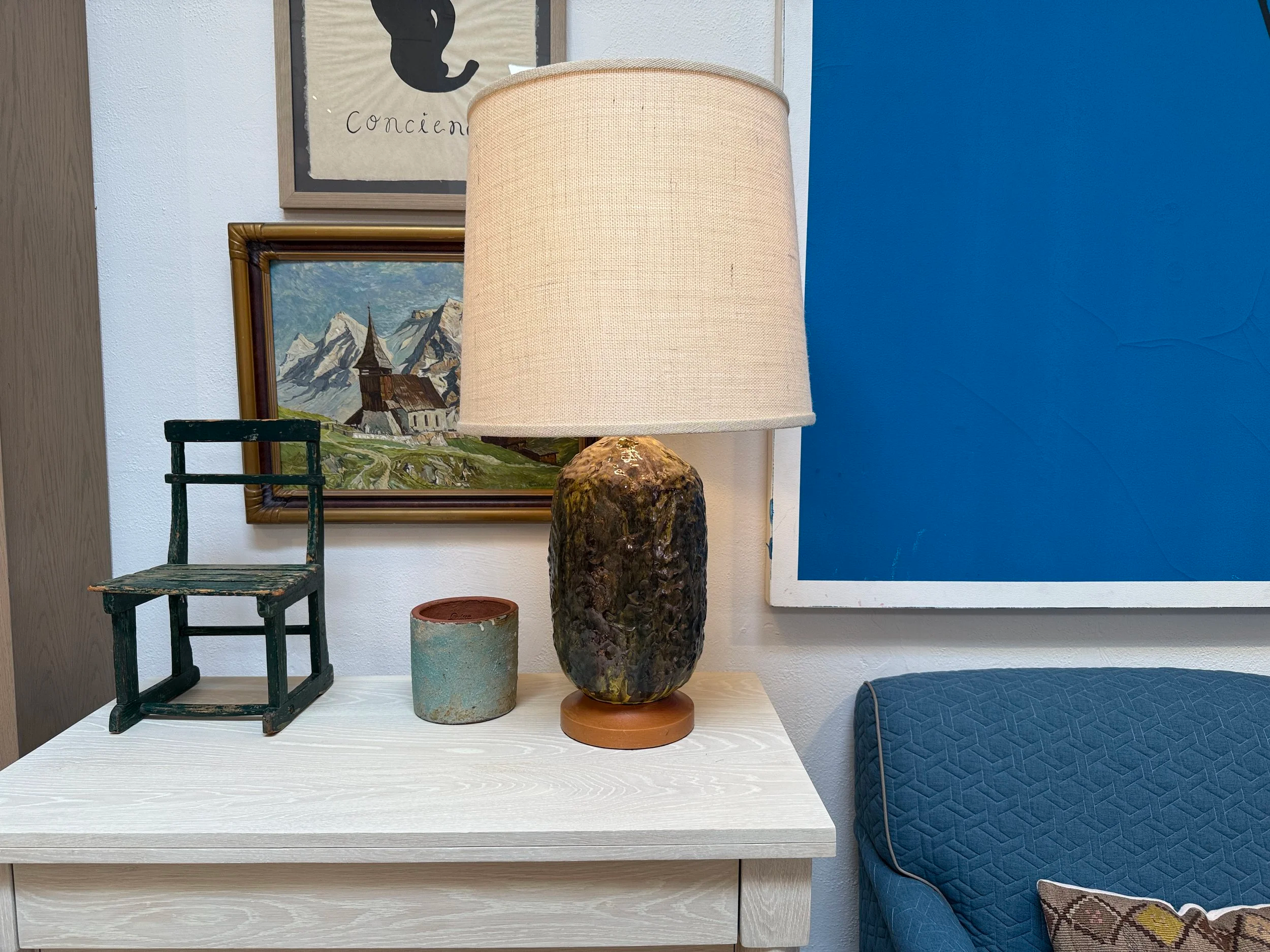 Green ceramic Vintage Lamp with volcanic glaze