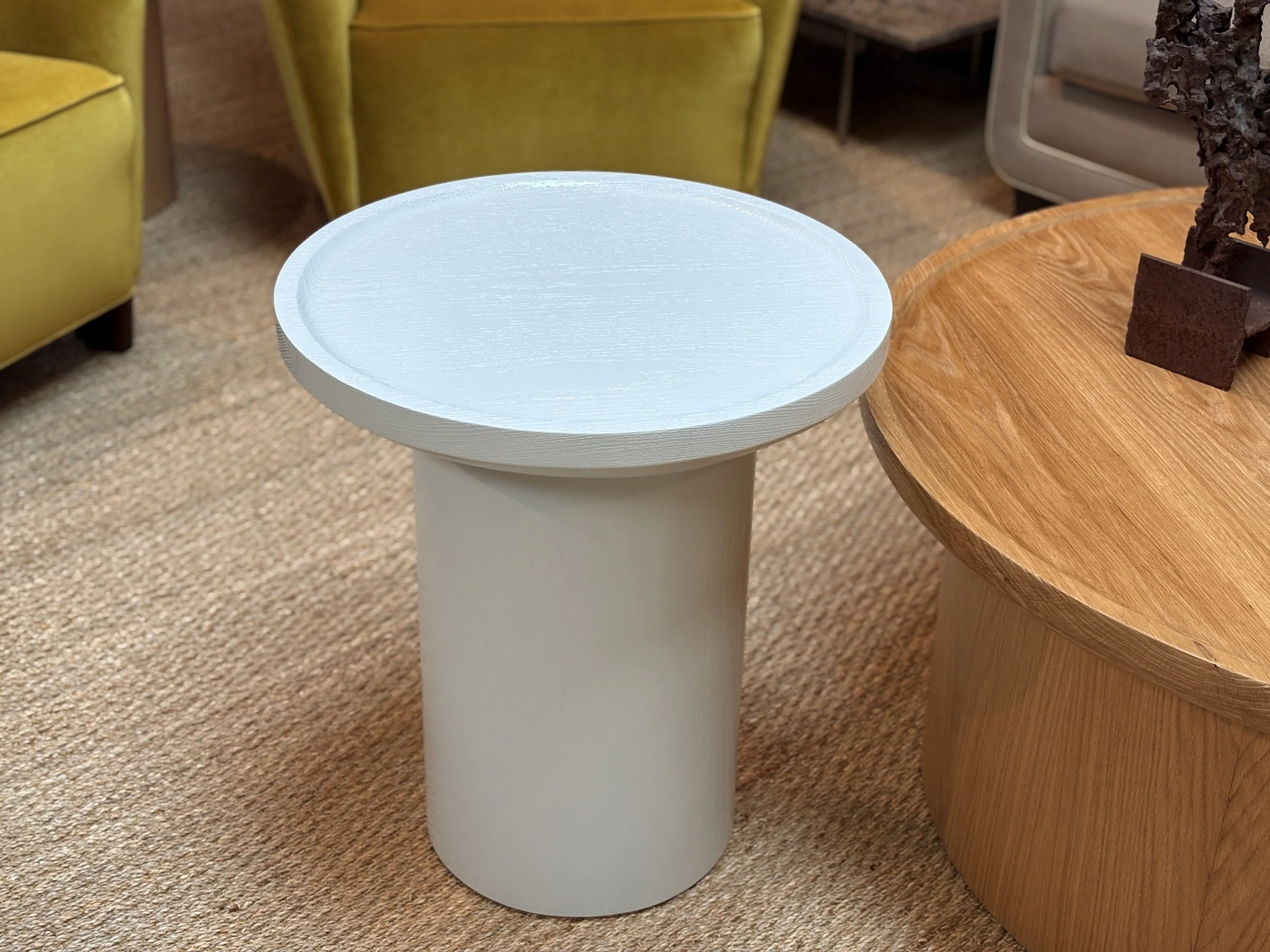 Findley Round Tall Side Table, Canvas on Oak