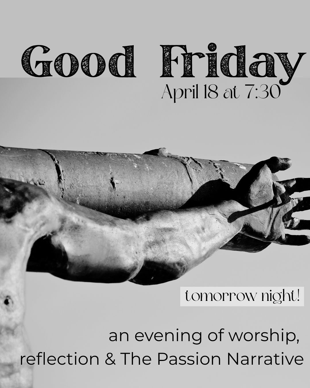Join us this Friday night from 7:30 to 8:30 as we celebrate Good Friday with an evening of worship, reflection, and the passion narrative.

Coffee and tea are served at 9:30 on Sunday morning, giving us time to visit before our Easter Sunday service 