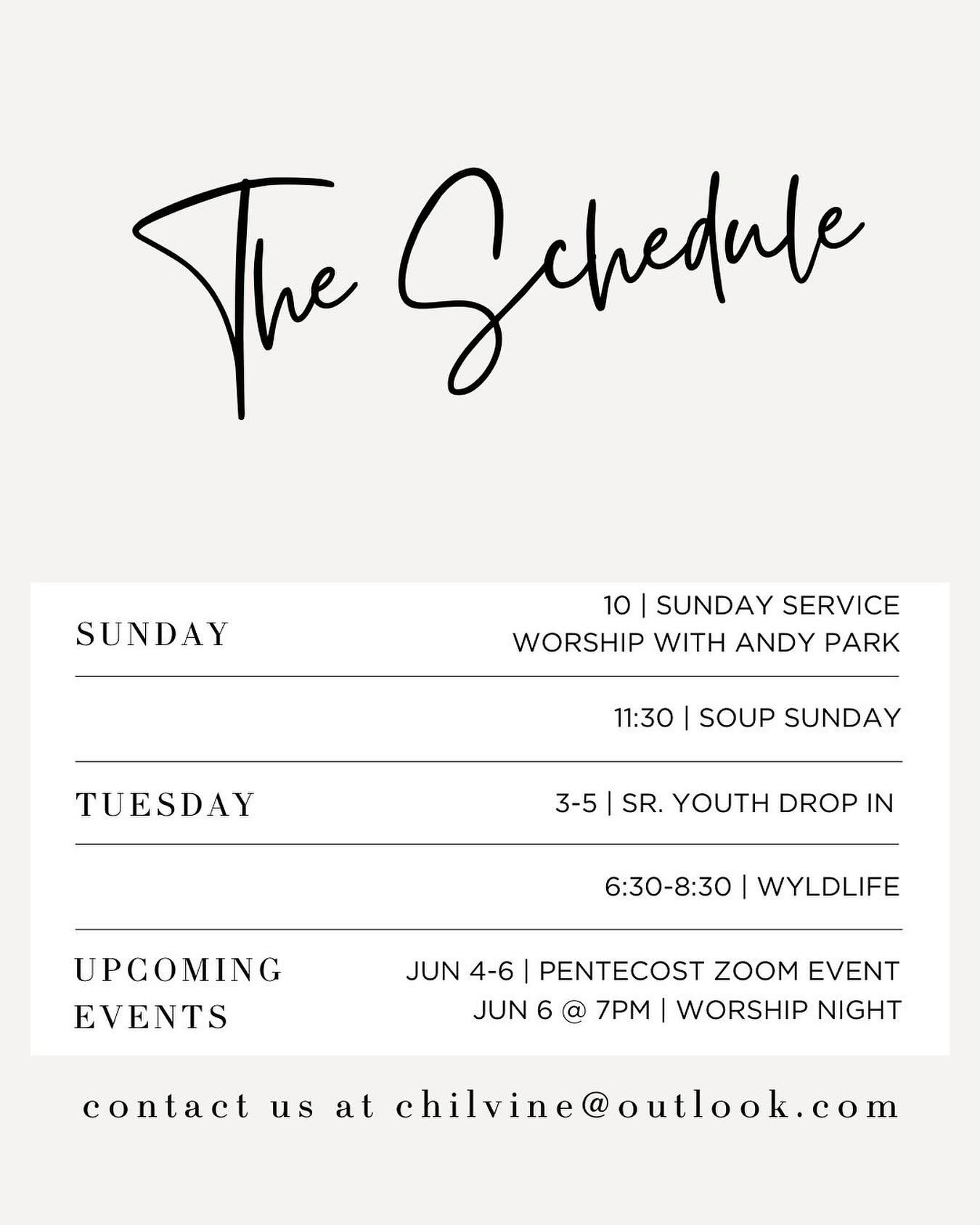 Join us this Sunday at 9:30 for coffee and tea and time to visit. Our service starts at 10 and Andy Park will be joining us for worship. Jeff will be preaching from Mark 12 and our service will be immediately followed by Soup Sunday. 

Weekly schedul